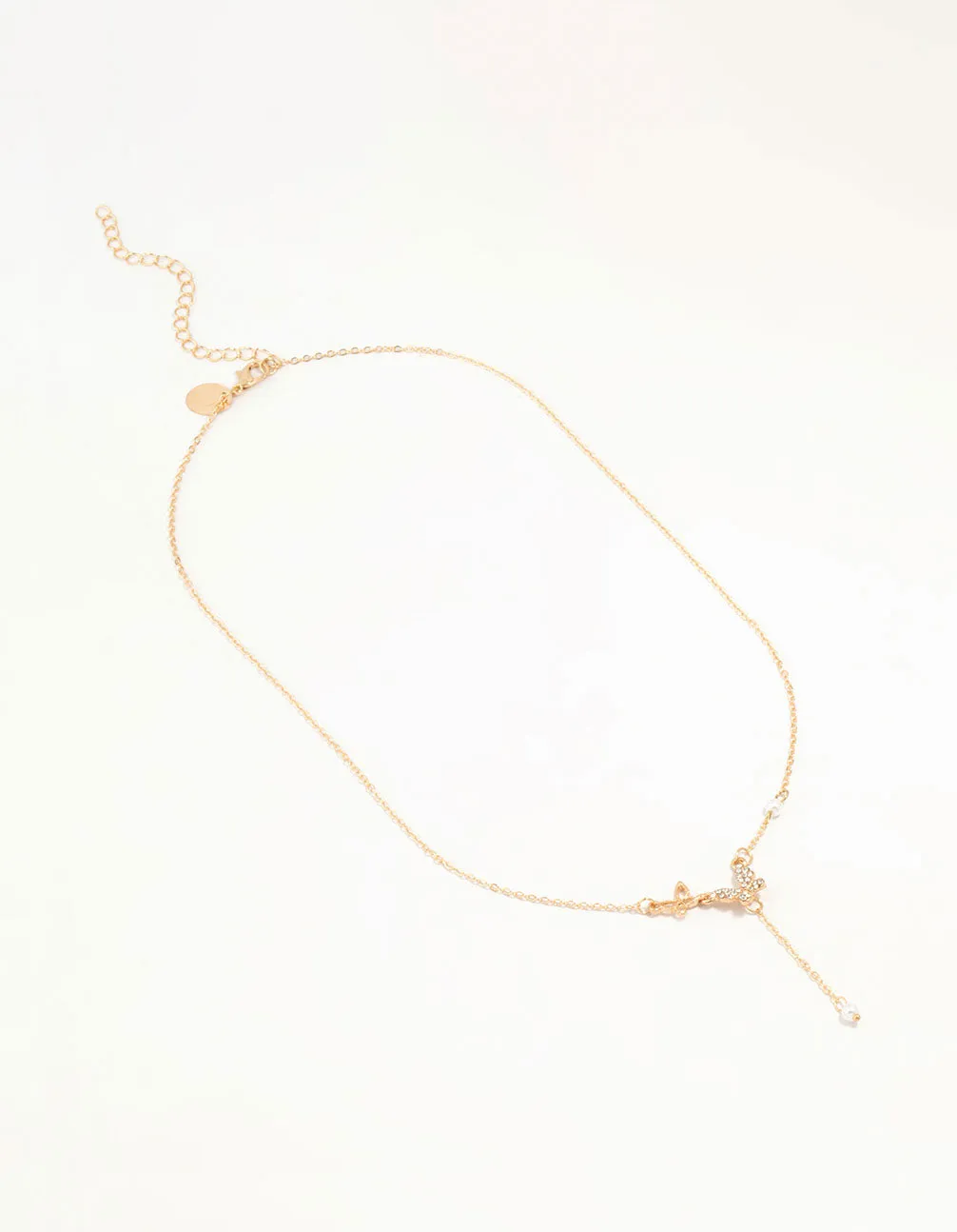 Gold Diamante Pearl Butterfly Y-Necklace