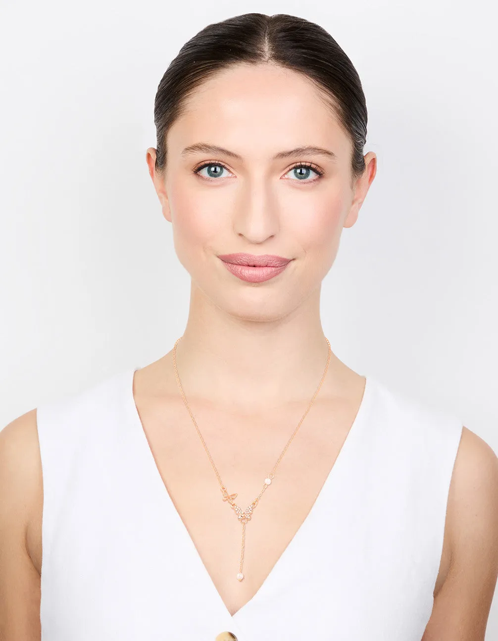 Gold Diamante Pearl Butterfly Y-Necklace