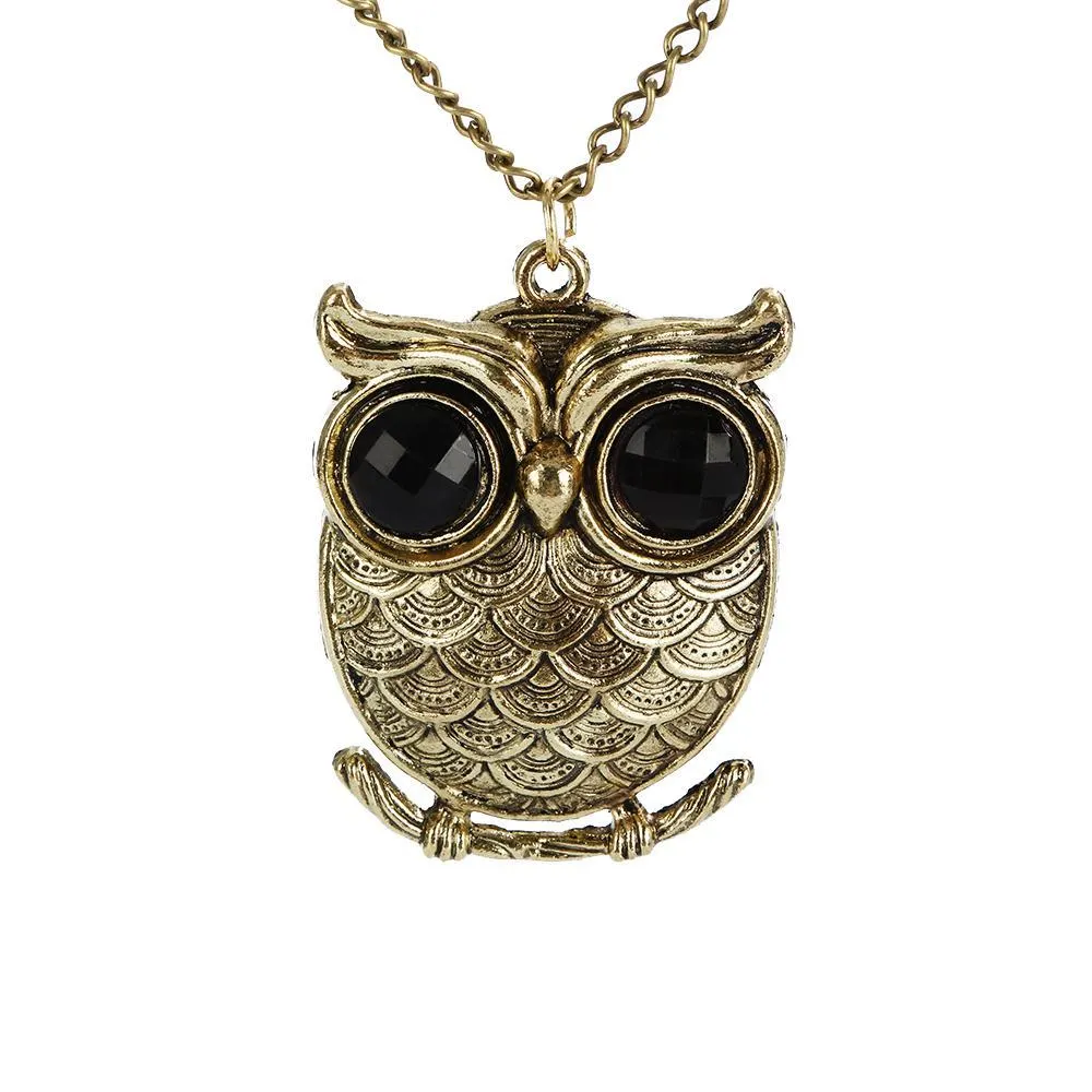 Gold Eye Owl Long Chain Pendant Necklace