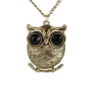 Gold Eye Owl Long Chain Pendant Necklace