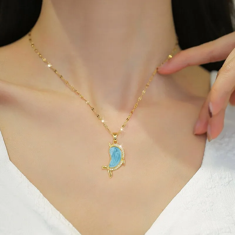 Gold Plated Ocean Blue Cute Dolphin Animal Pendant Necklace For Women