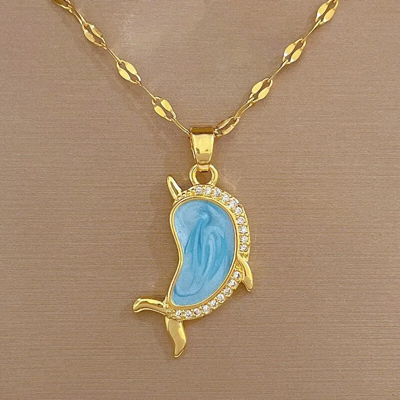 Gold Plated Ocean Blue Cute Dolphin Animal Pendant Necklace For Women