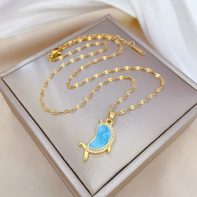 Gold Plated Ocean Blue Cute Dolphin Animal Pendant Necklace For Women