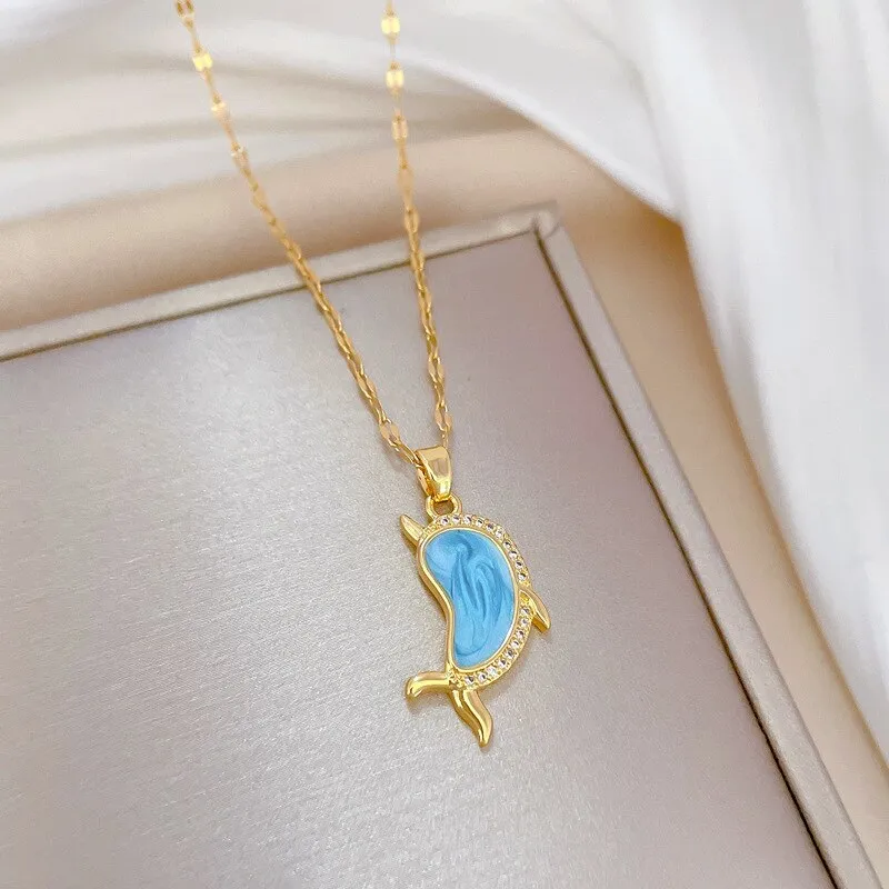 Gold Plated Ocean Blue Cute Dolphin Animal Pendant Necklace For Women
