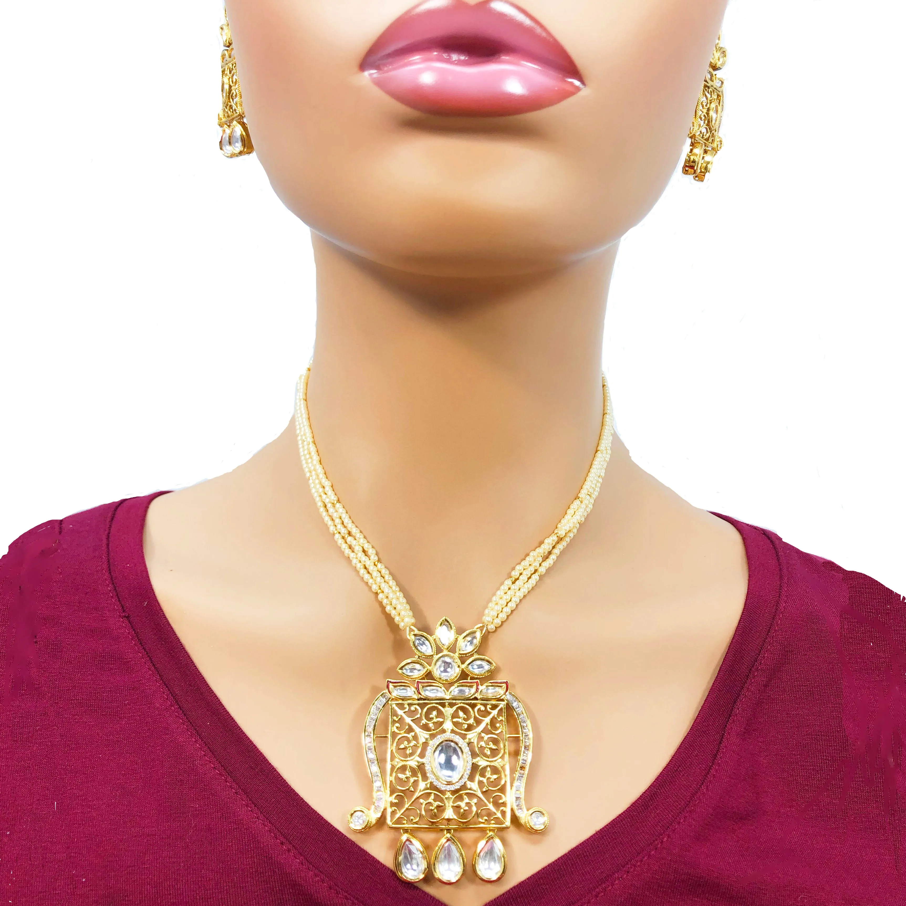 Gold Plated Pandent Beaded Kundan Set (D955)