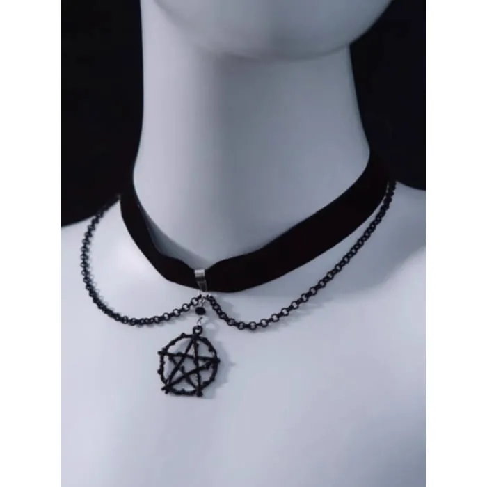 Gothic Pentagram Black Velvet Choker with Chains