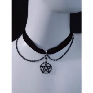 Gothic Pentagram Black Velvet Choker with Chains