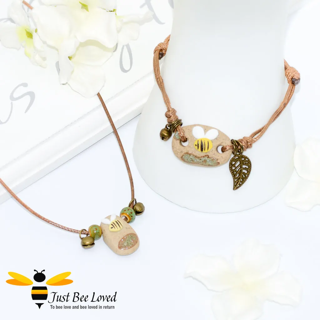 Handmade Small Clay Bee & Beads Rope Necklace