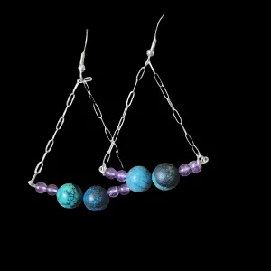 Handmade Sterling Silver Boho Earrings with Azurite Malachite & Amethyst Beads