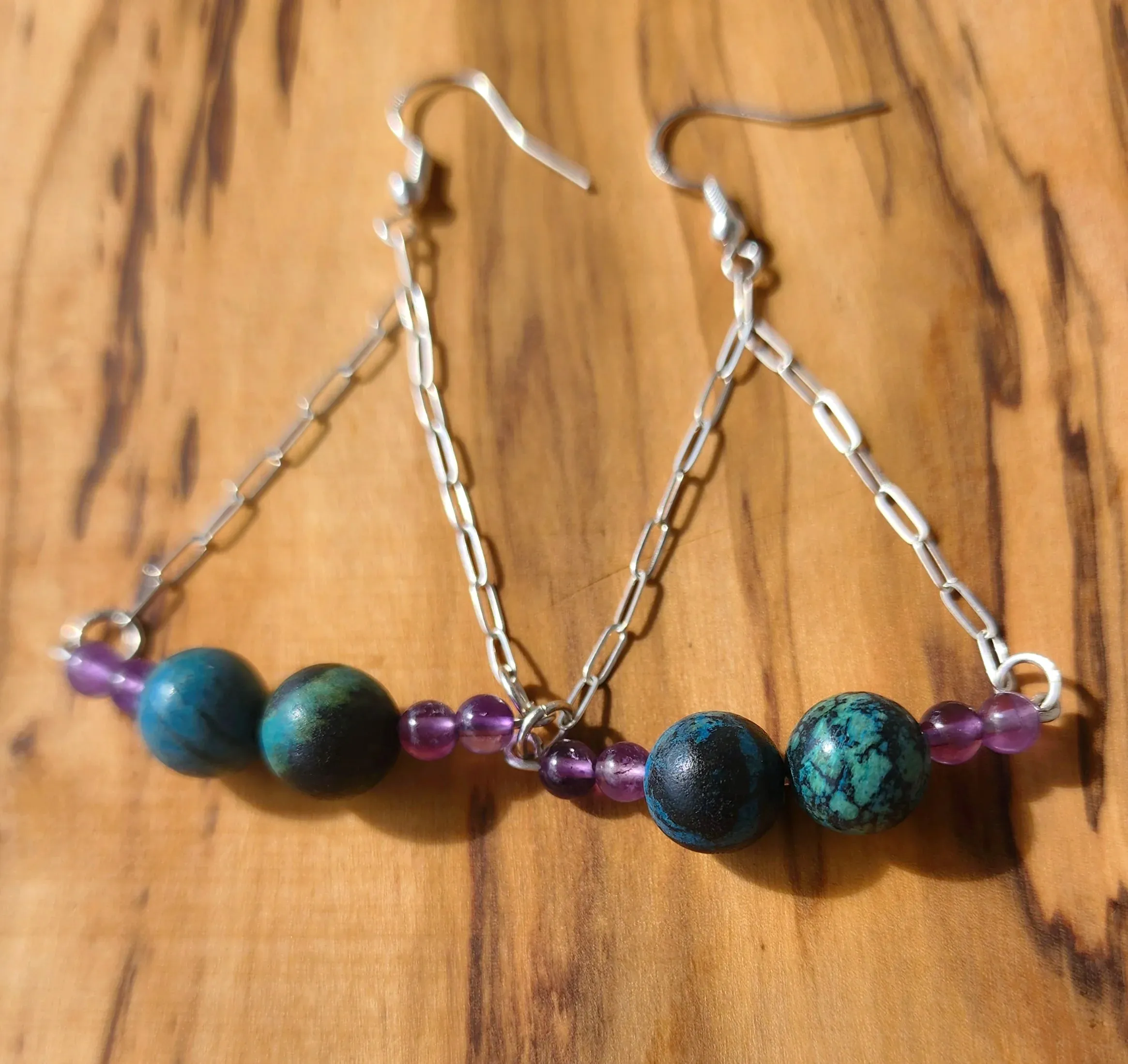 Handmade Sterling Silver Boho Earrings with Azurite Malachite & Amethyst Beads