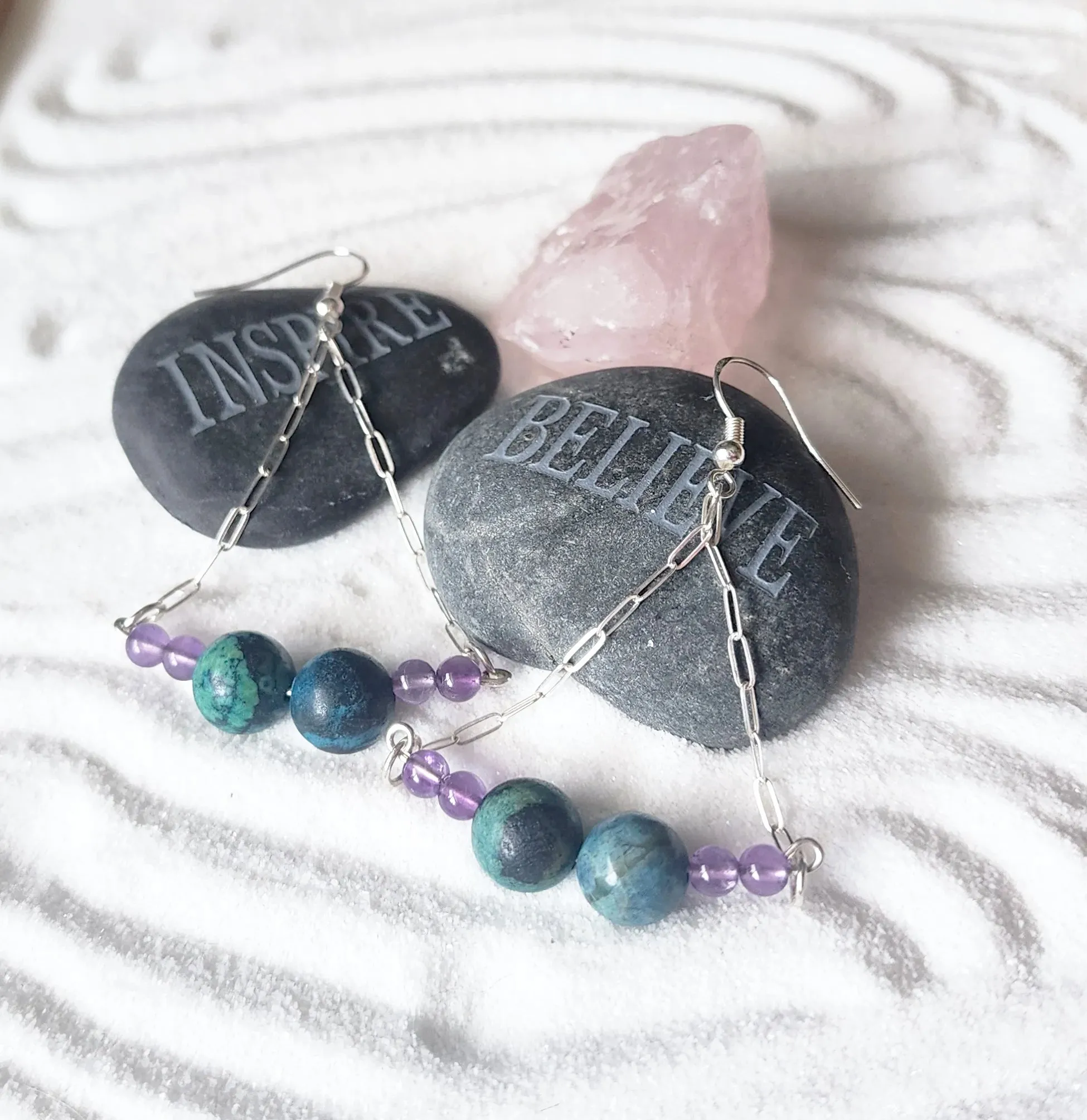 Handmade Sterling Silver Boho Earrings with Azurite Malachite & Amethyst Beads