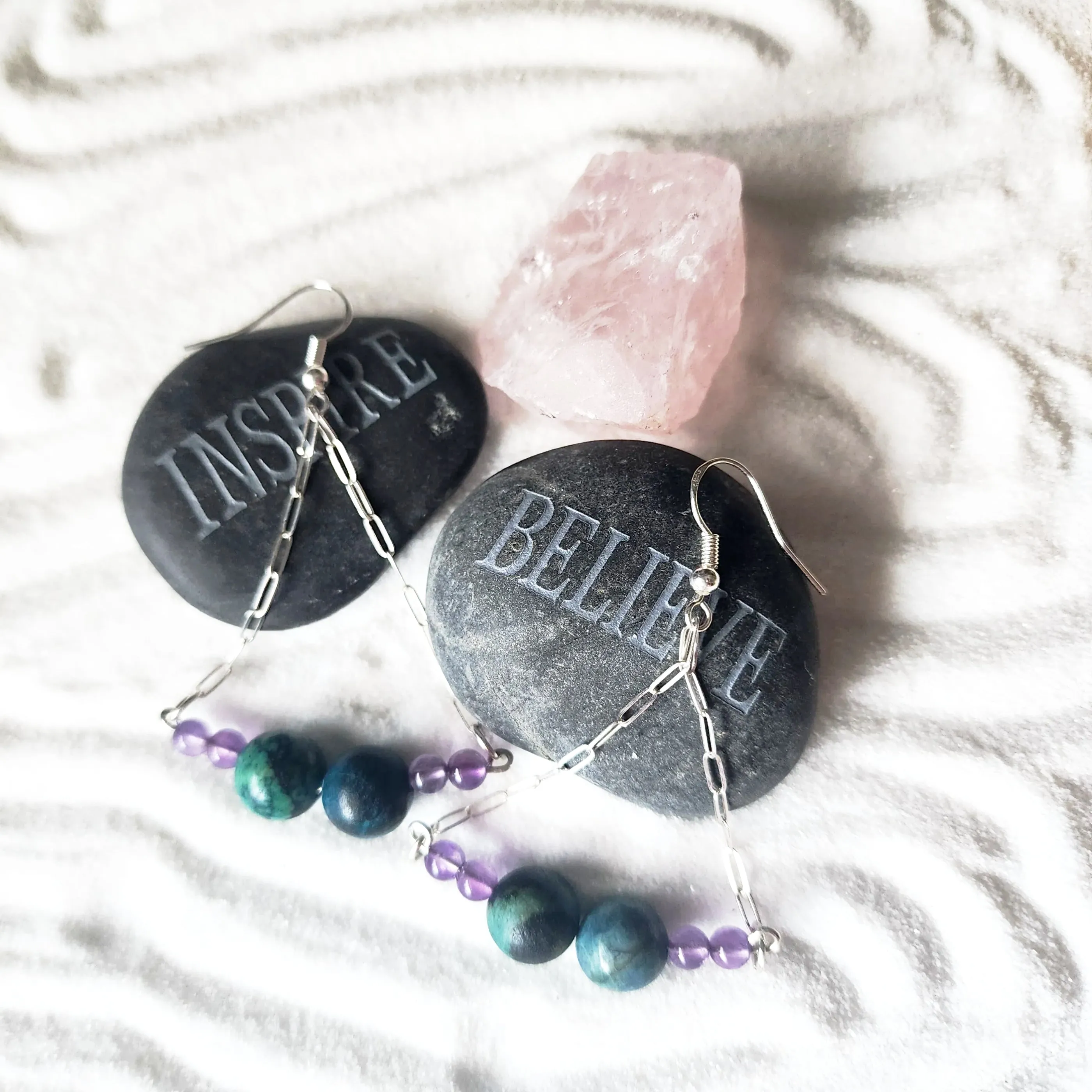 Handmade Sterling Silver Boho Earrings with Azurite Malachite & Amethyst Beads