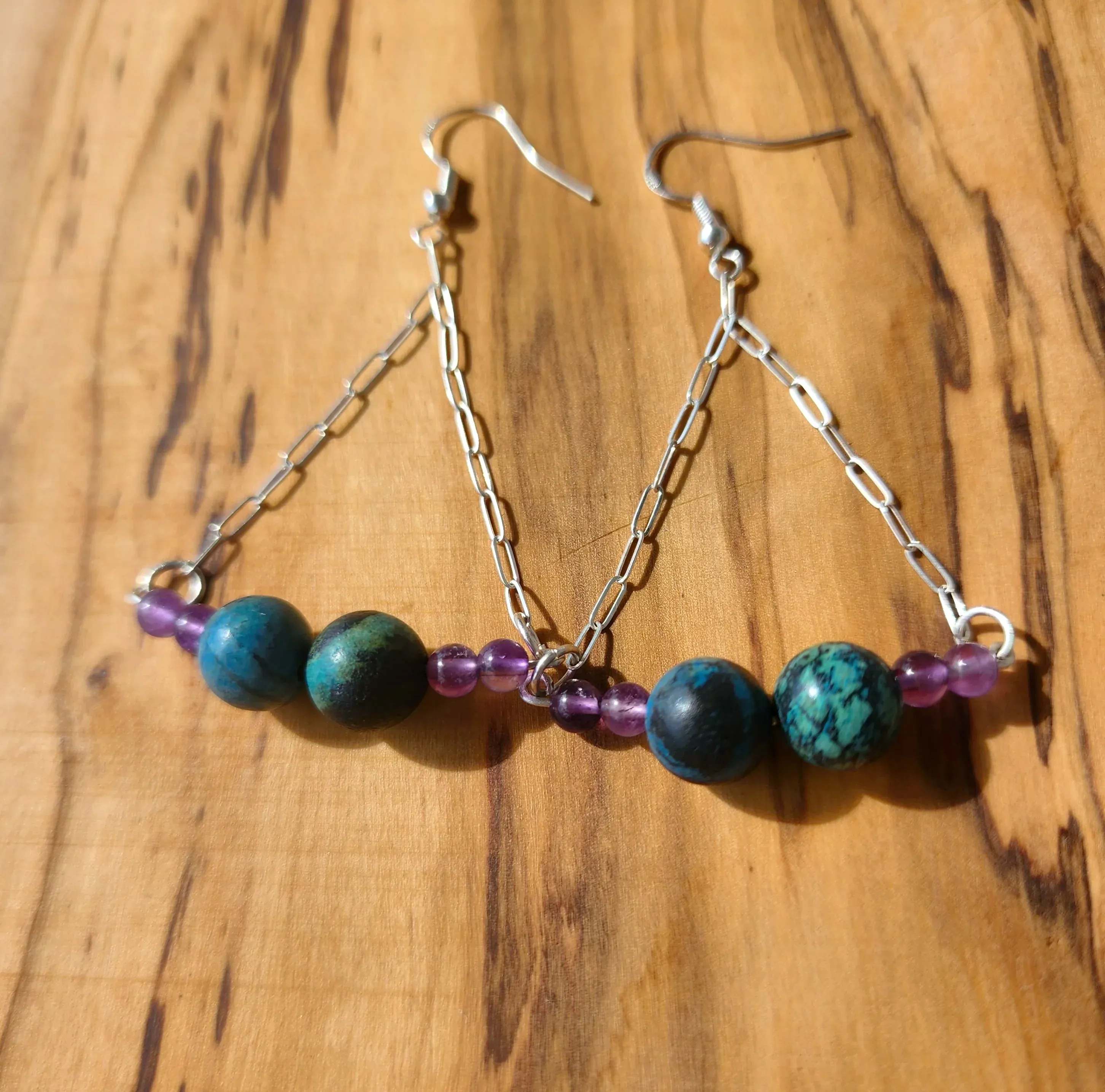 Handmade Sterling Silver Boho Earrings with Azurite Malachite & Amethyst Beads