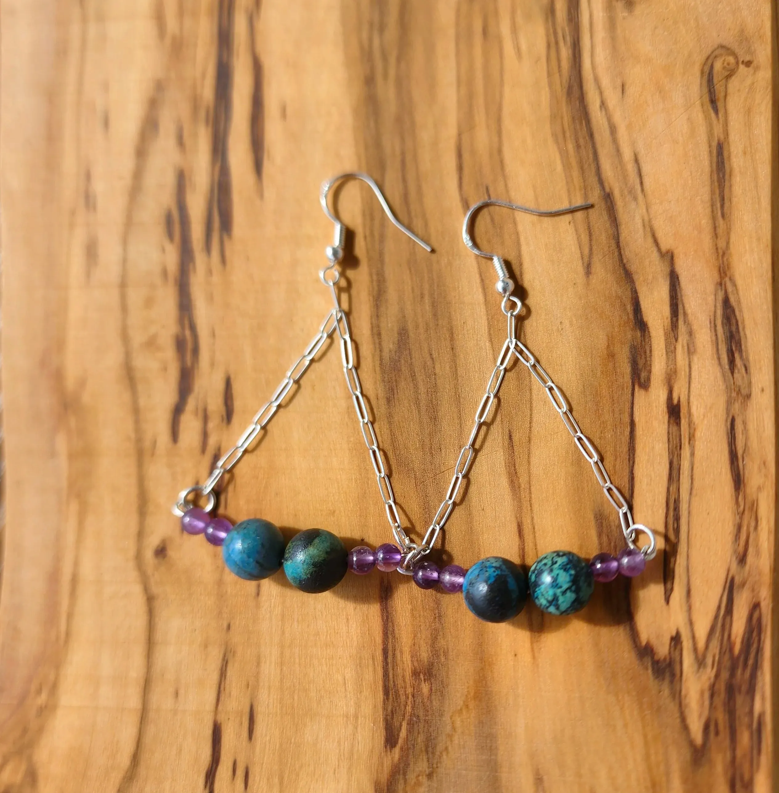 Handmade Sterling Silver Boho Earrings with Azurite Malachite & Amethyst Beads