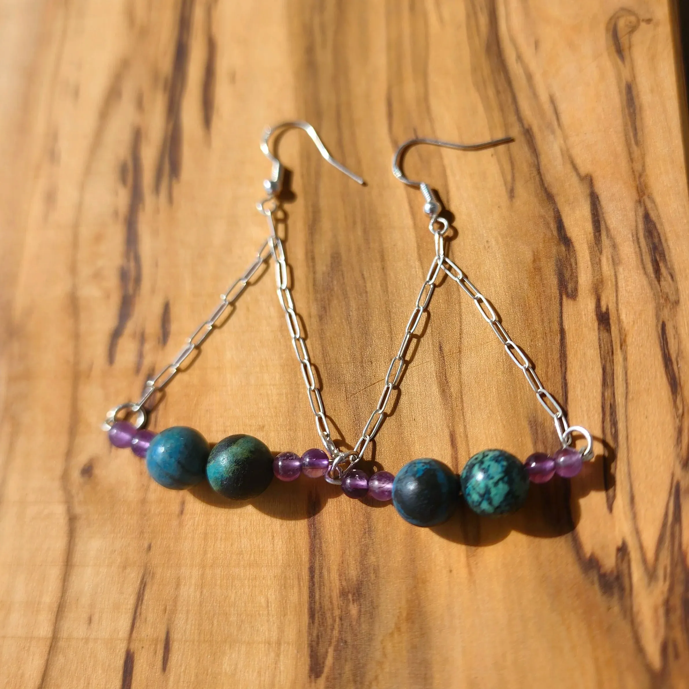 Handmade Sterling Silver Boho Earrings with Azurite Malachite & Amethyst Beads