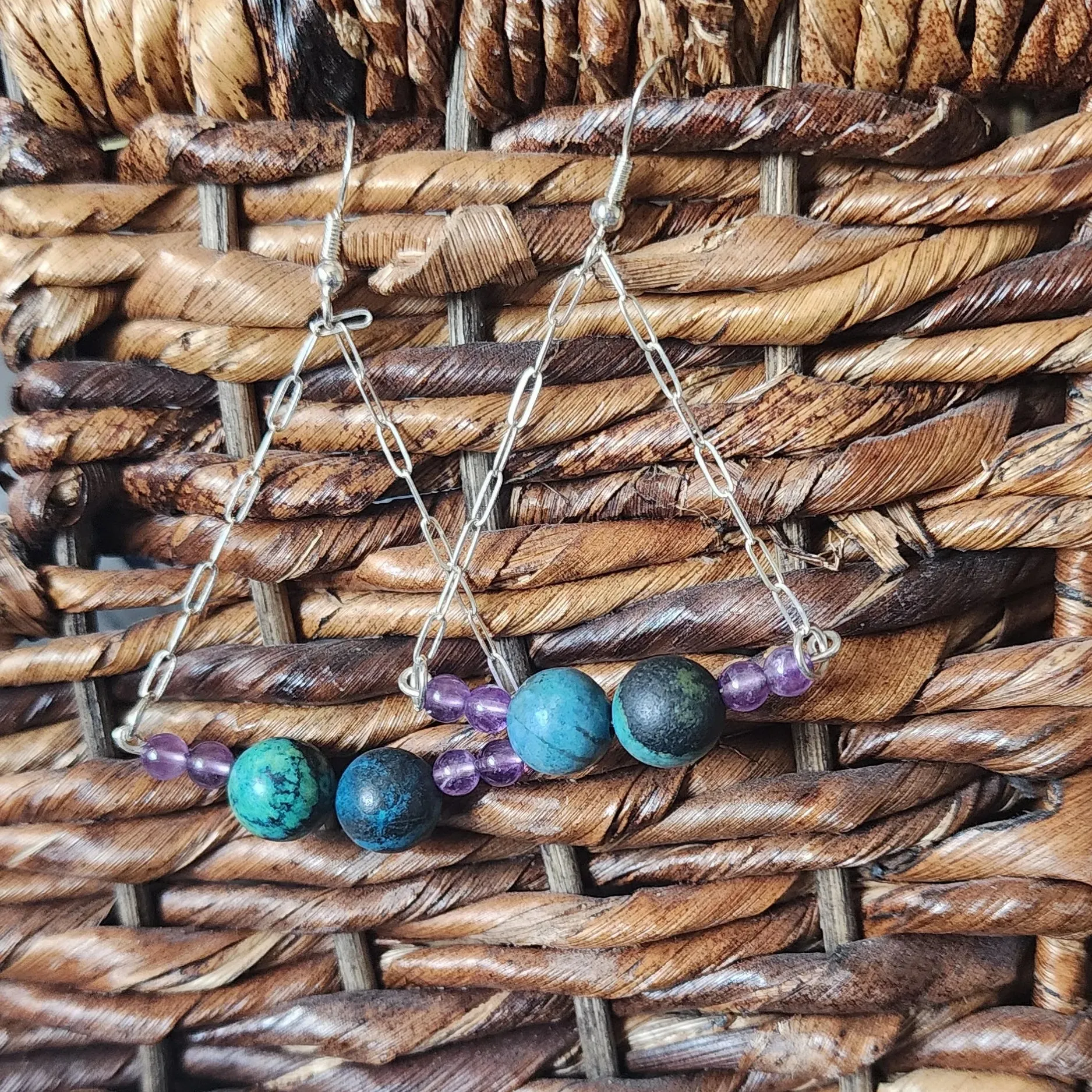 Handmade Sterling Silver Boho Earrings with Azurite Malachite & Amethyst Beads