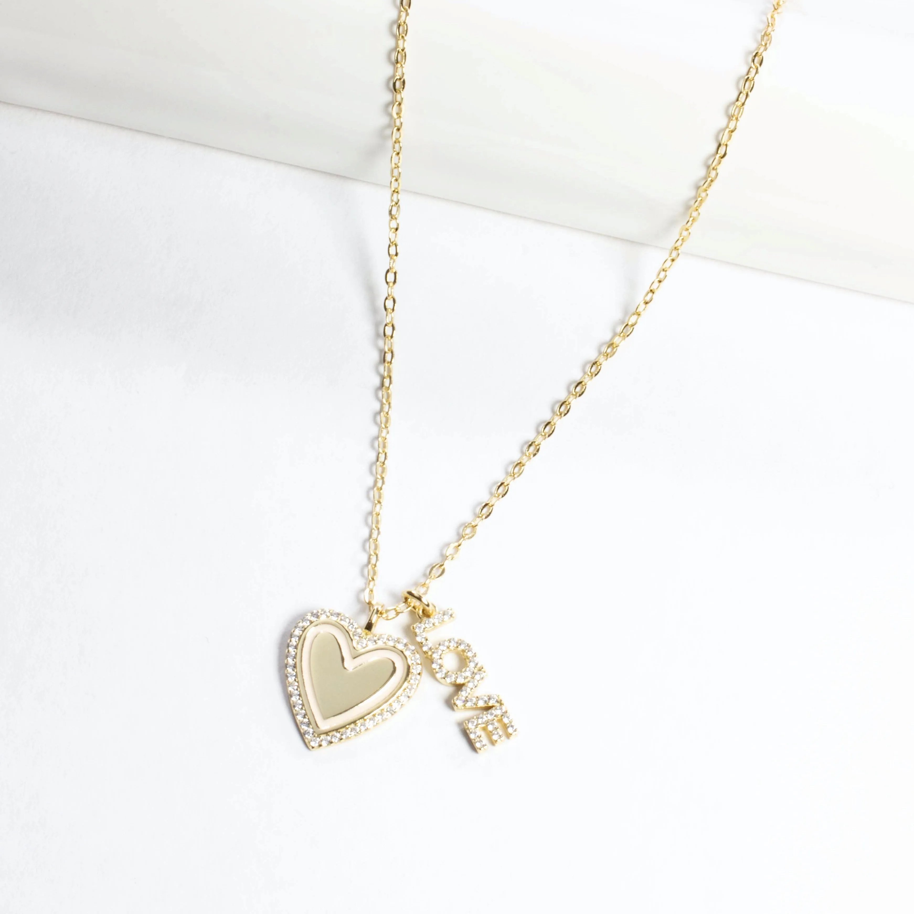Heart and Love CZ Pendant Necklace - Gold