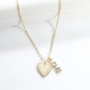 Heart and Love CZ Pendant Necklace - Gold