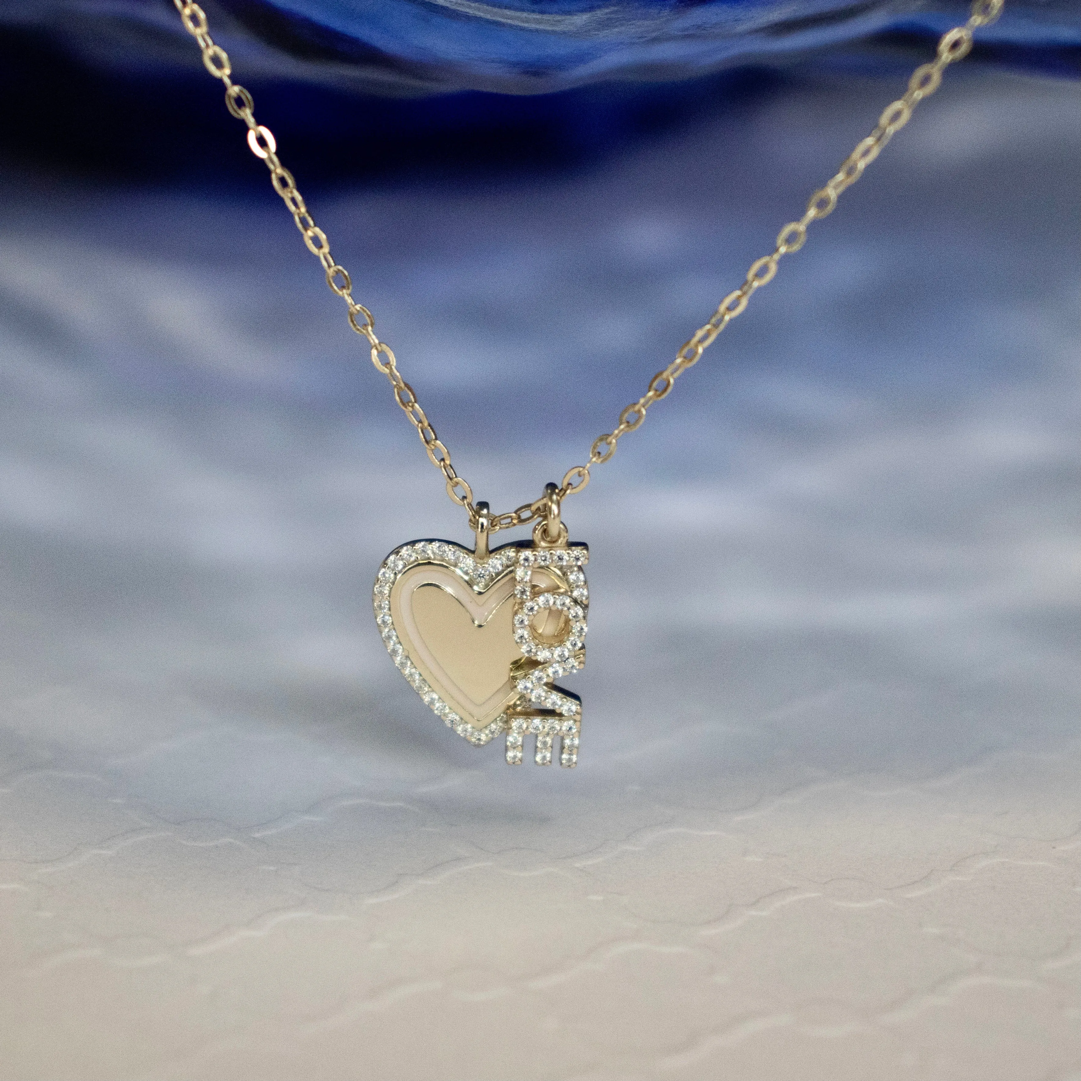 Heart and Love CZ Pendant Necklace - Gold