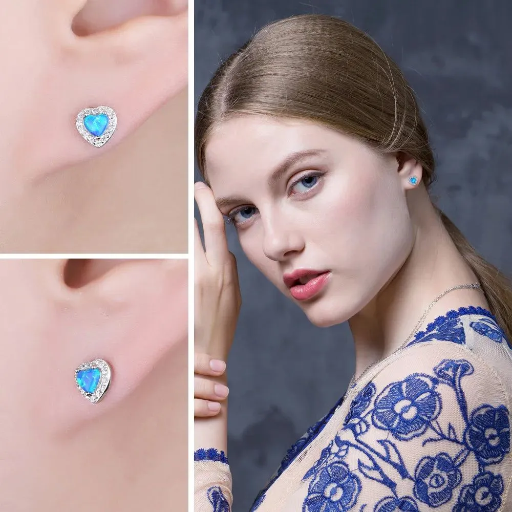 Heart-Shaped Created Blue Opal Sterling Silver Stud Earrings - Fashionable Fine Jewelry