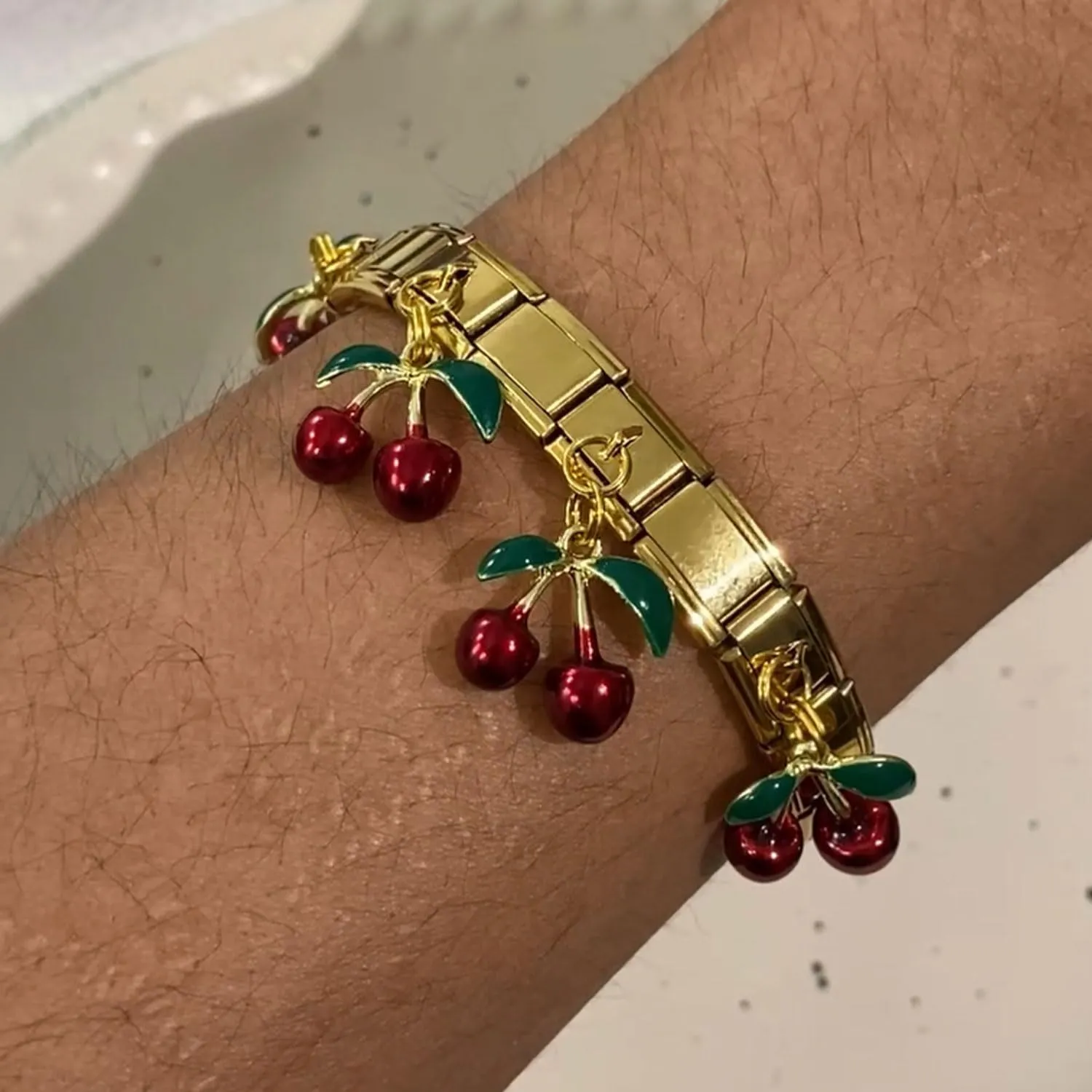 hotoo Charm Italian Bracelet for Women Cherry Pendant Bracelet Trendy Italian Bracelet Stainless Steel Jewelry For Party Christmas Birthday Gifts
