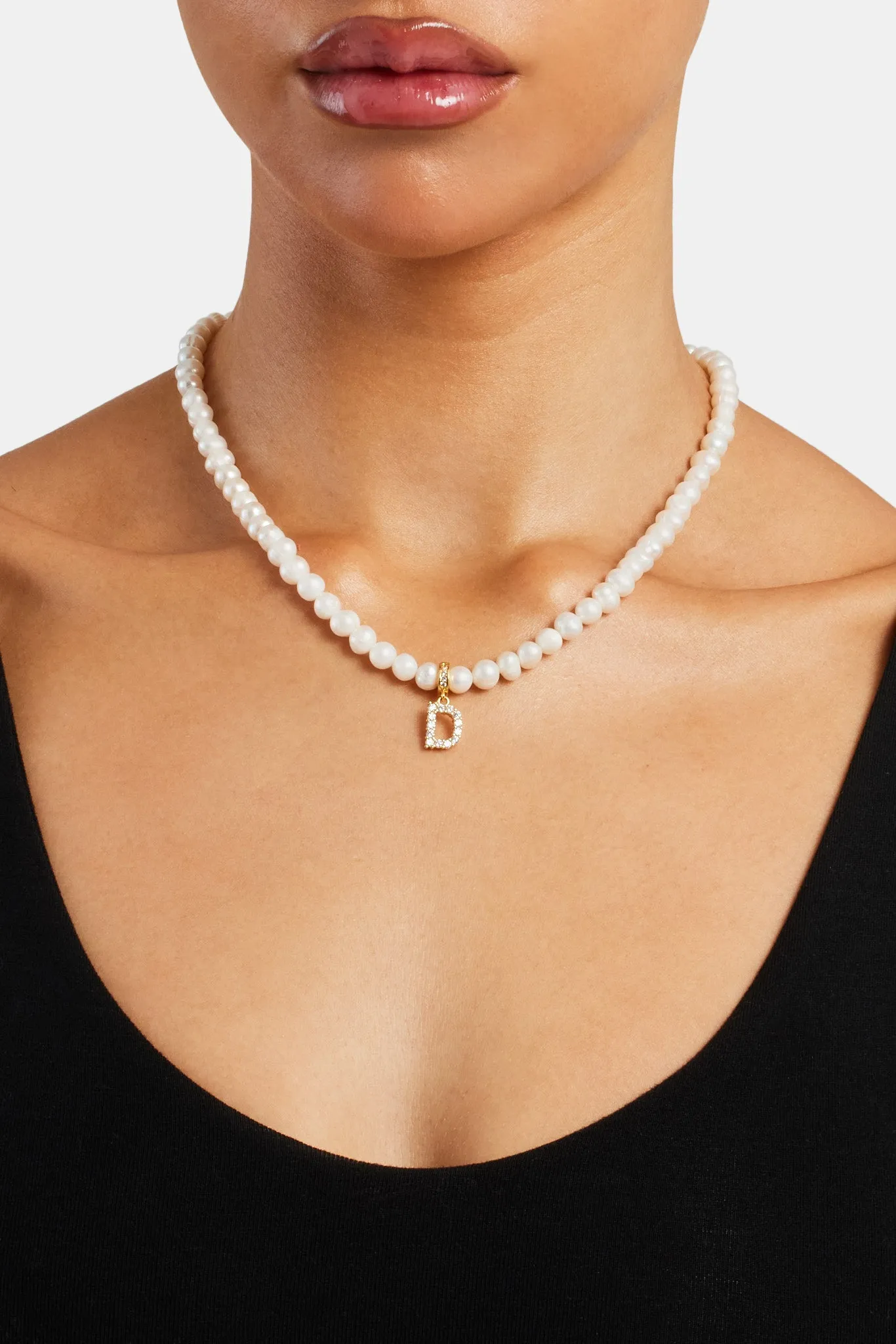 Iced Initial Clip On Pendant   6mm Pearl Chain