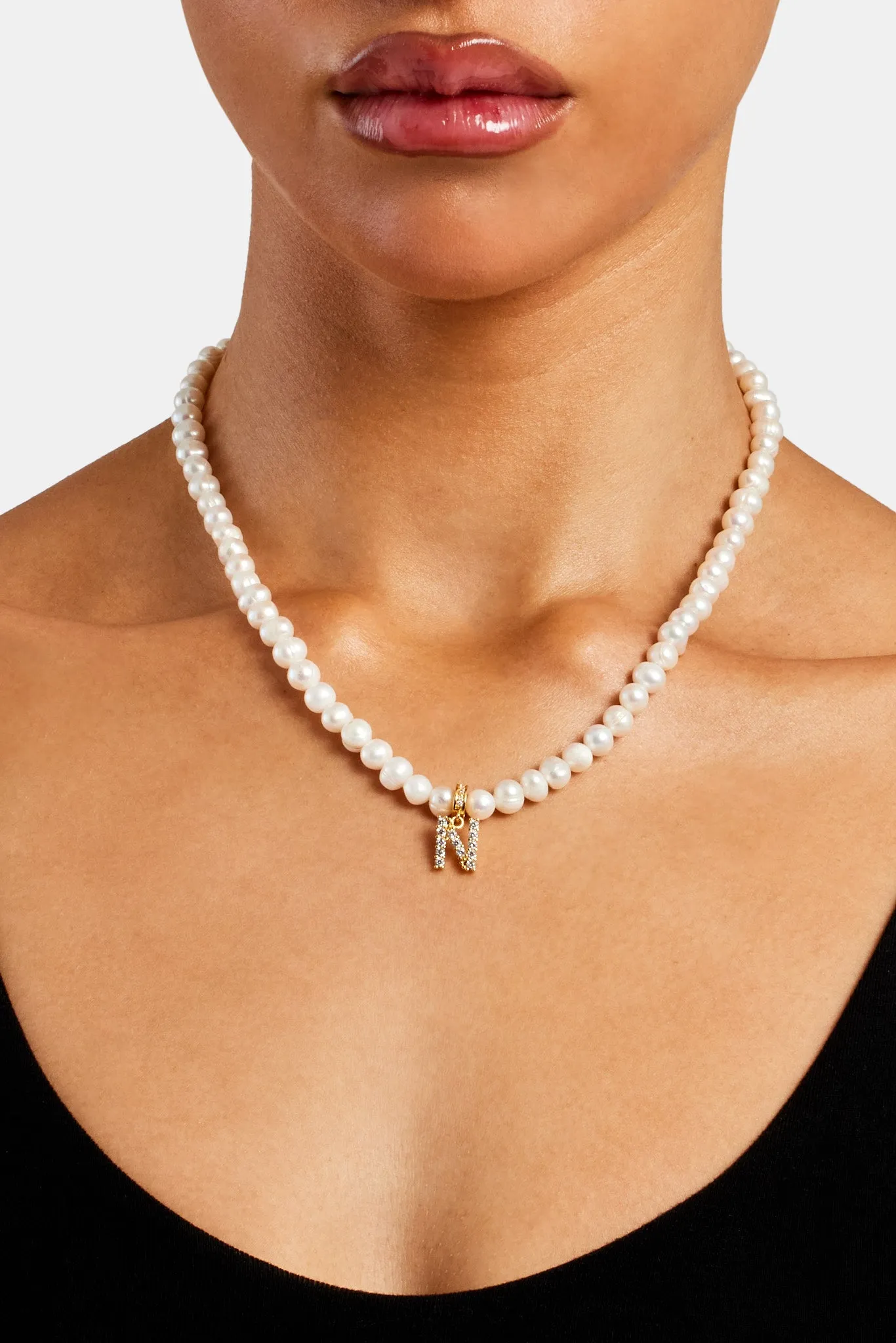 Iced Initial Clip On Pendant   6mm Pearl Chain