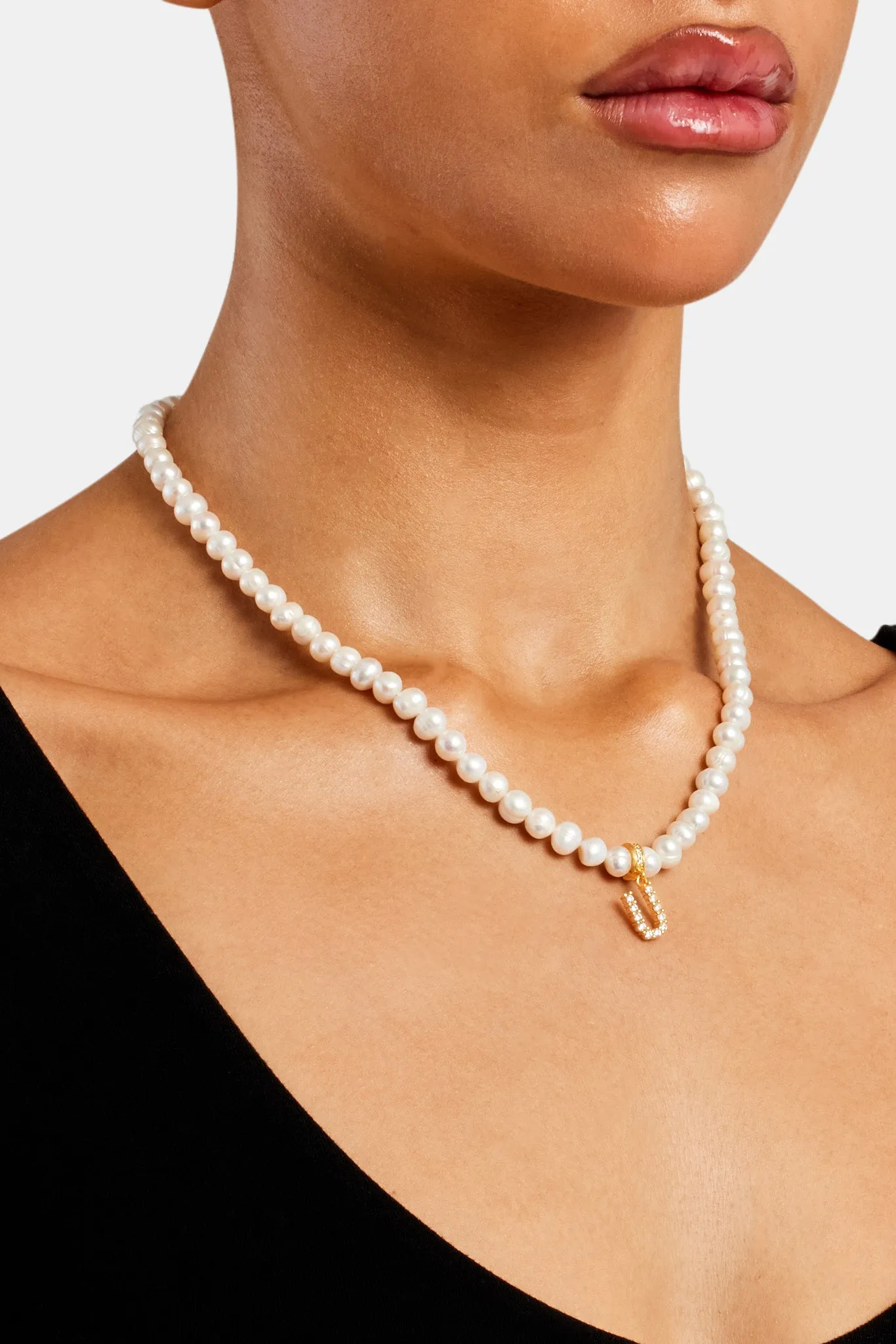 Iced Initial Clip On Pendant   6mm Pearl Chain