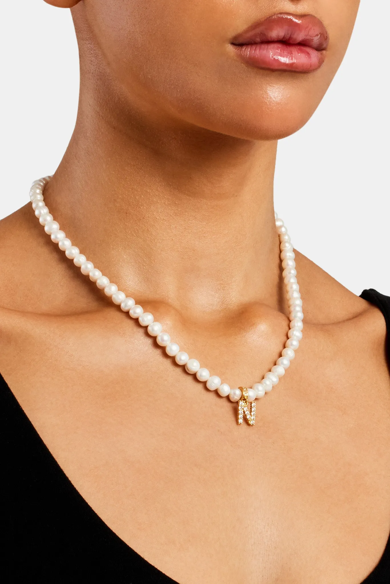 Iced Initial Clip On Pendant   6mm Pearl Chain