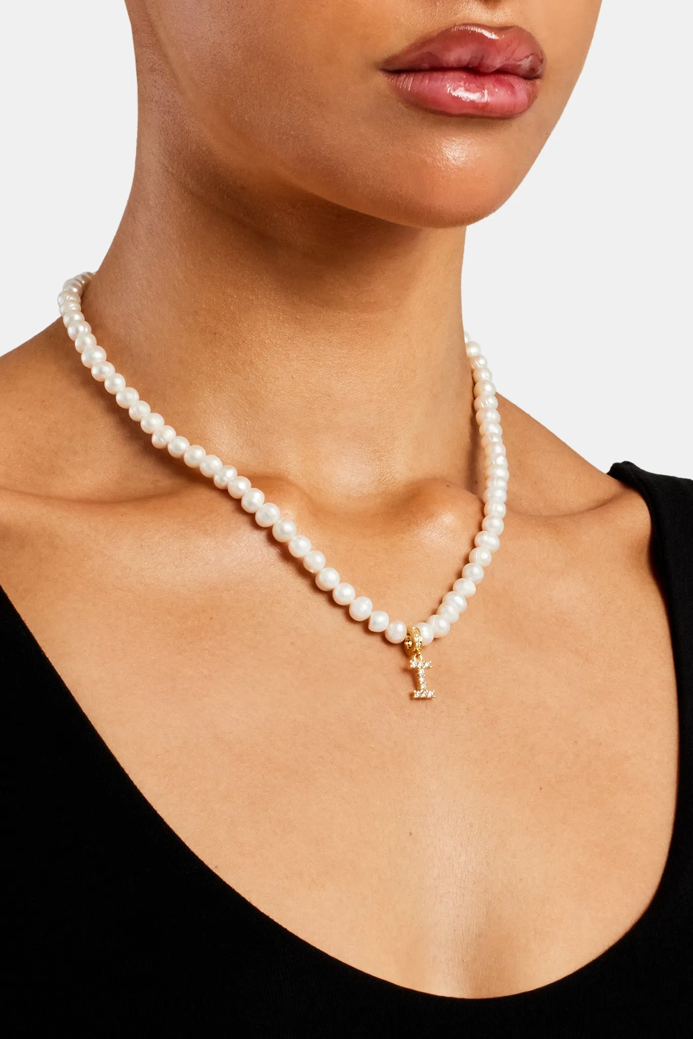 Iced Initial Clip On Pendant   6mm Pearl Chain
