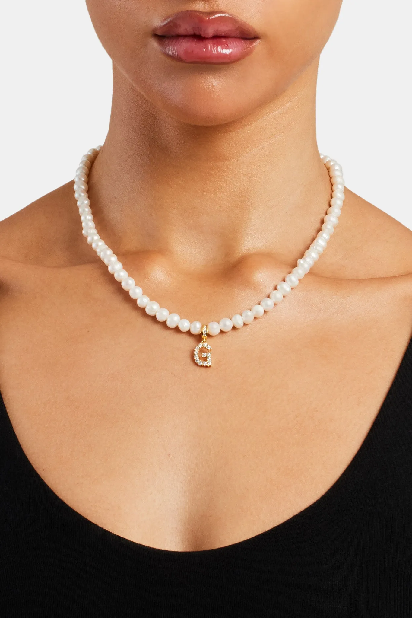 Iced Initial Clip On Pendant   6mm Pearl Chain