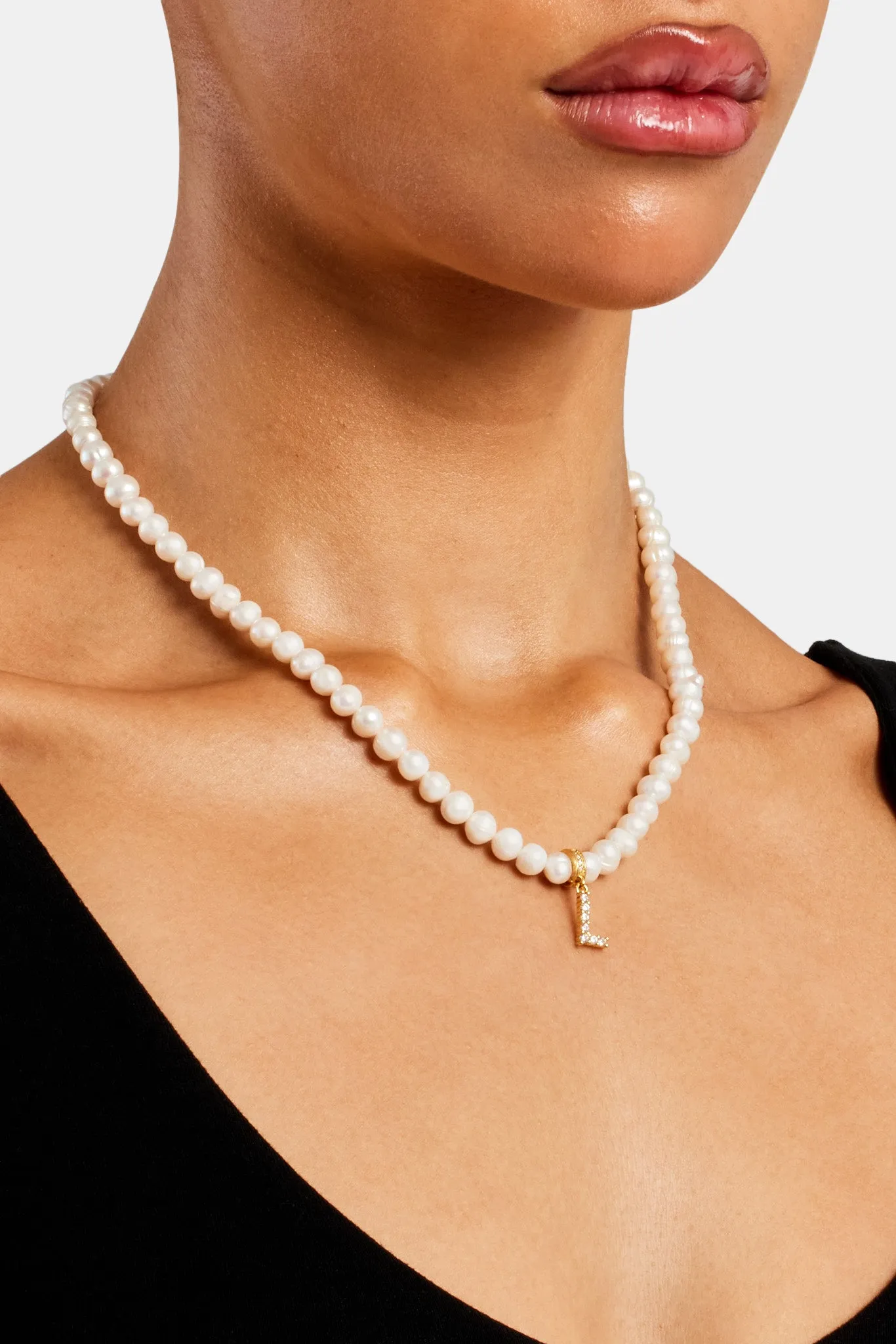 Iced Initial Clip On Pendant   6mm Pearl Chain
