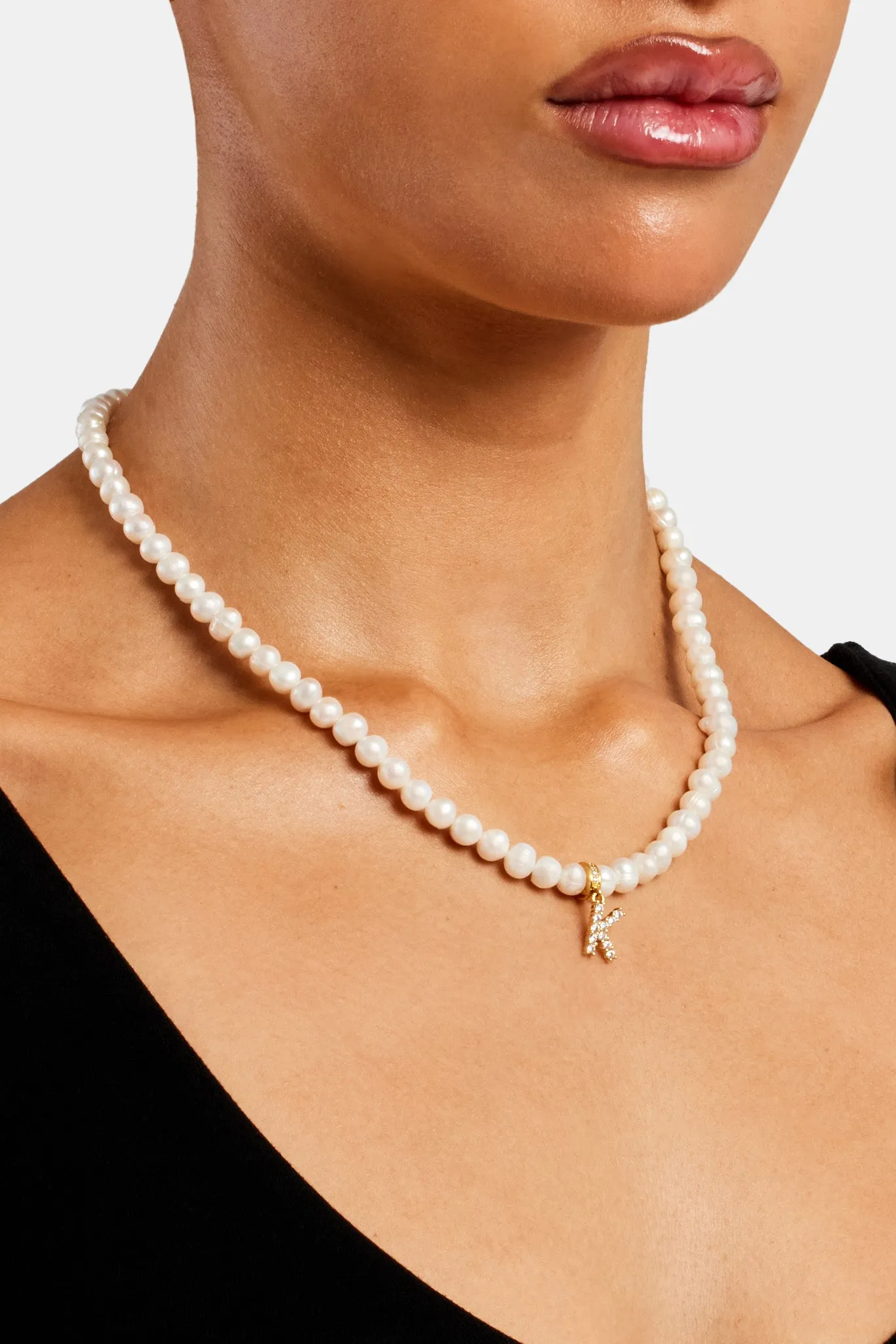 Iced Initial Clip On Pendant   6mm Pearl Chain