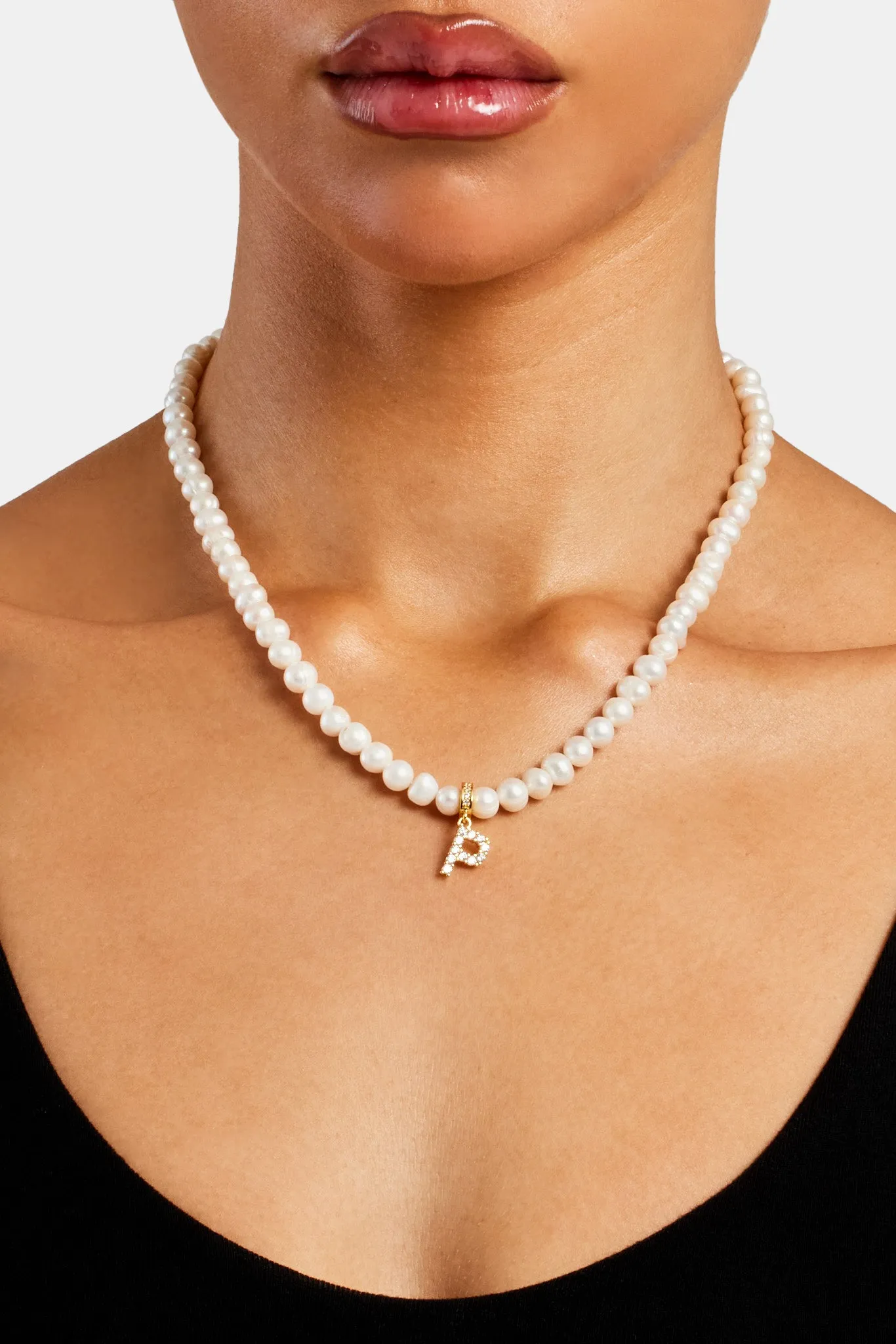 Iced Initial Clip On Pendant   6mm Pearl Chain