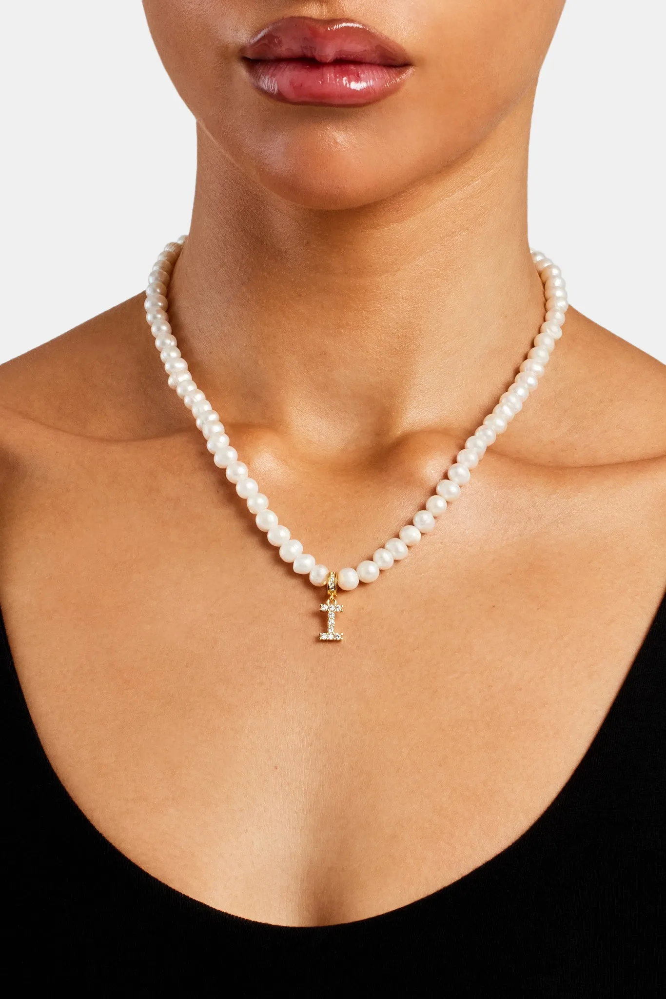 Iced Initial Clip On Pendant   6mm Pearl Chain