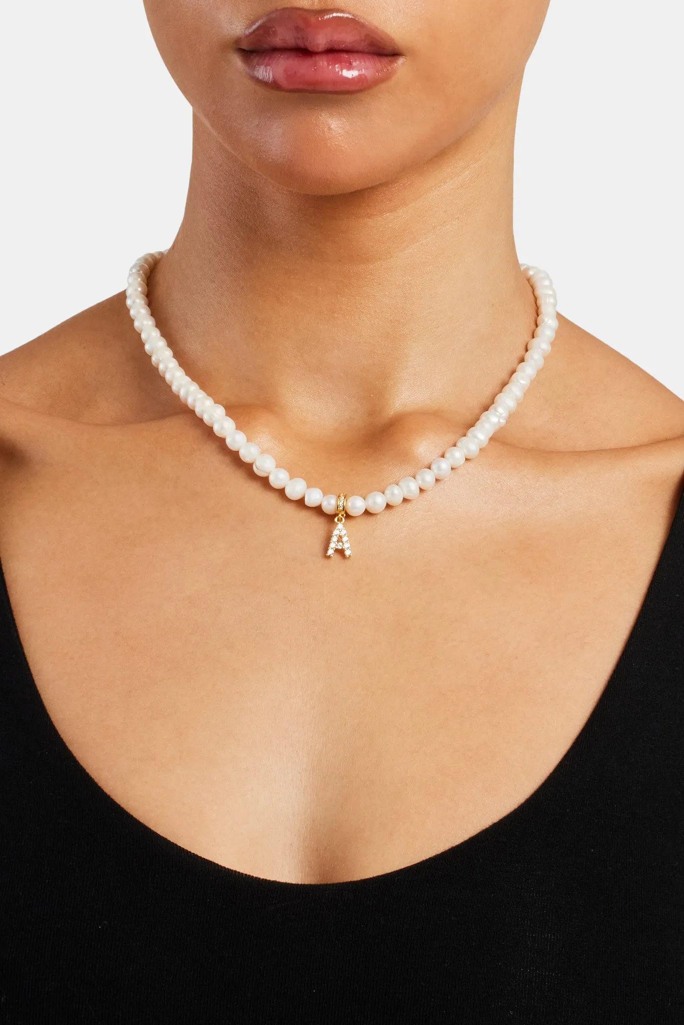 Iced Initial Clip On Pendant   6mm Pearl Chain