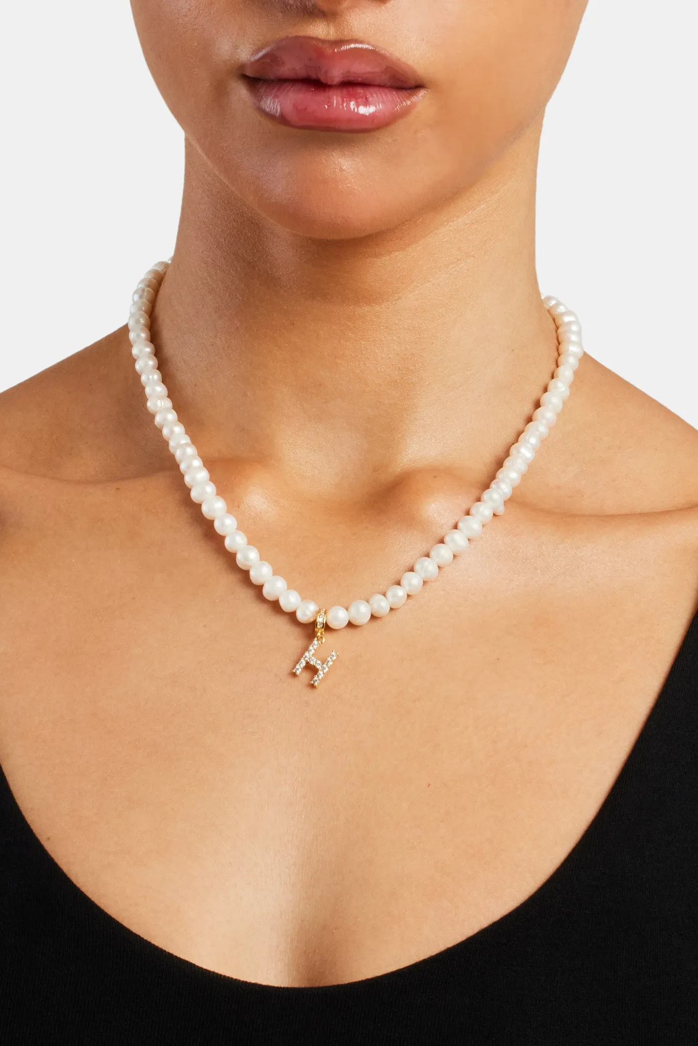 Iced Initial Clip On Pendant   6mm Pearl Chain