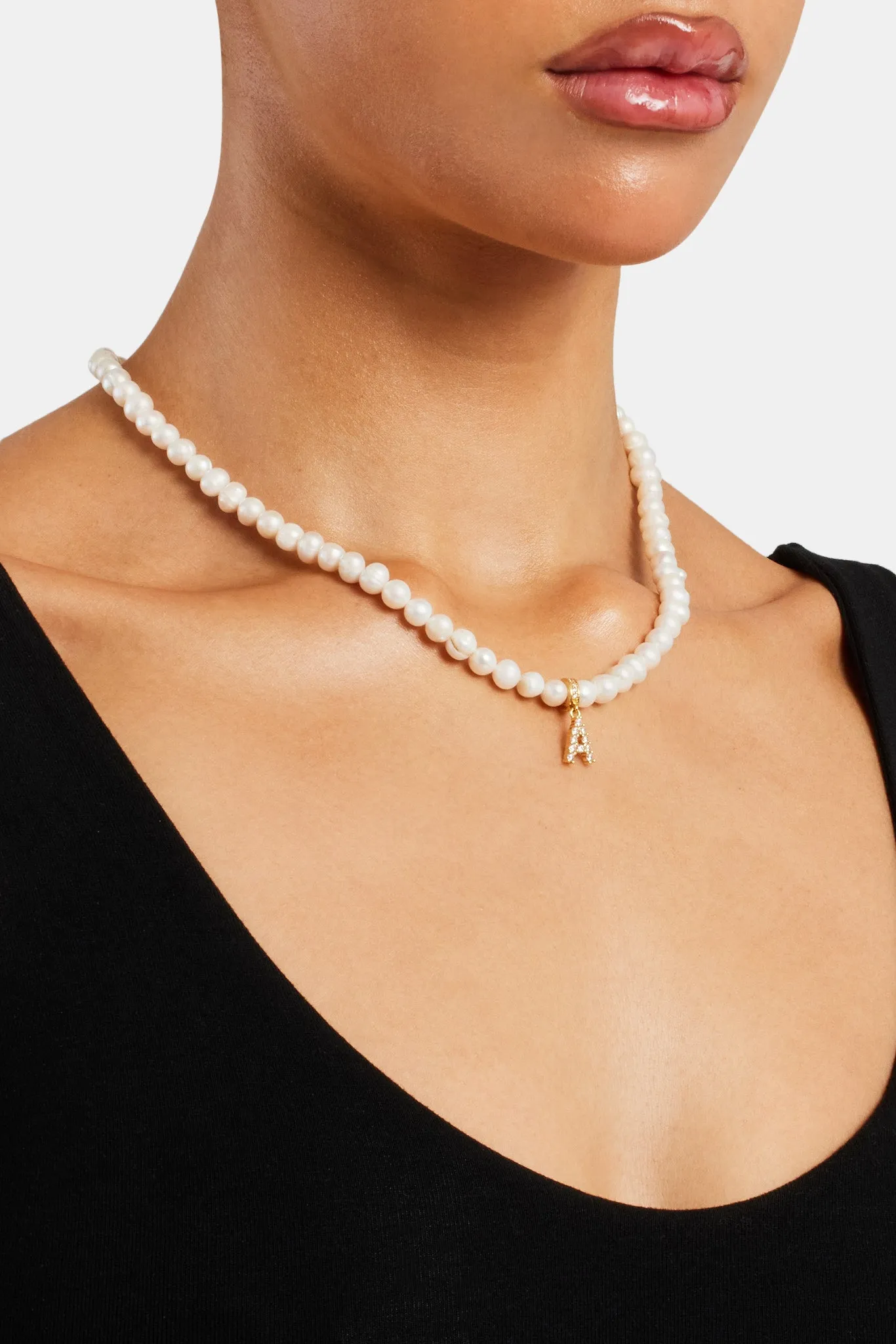 Iced Initial Clip On Pendant   6mm Pearl Chain