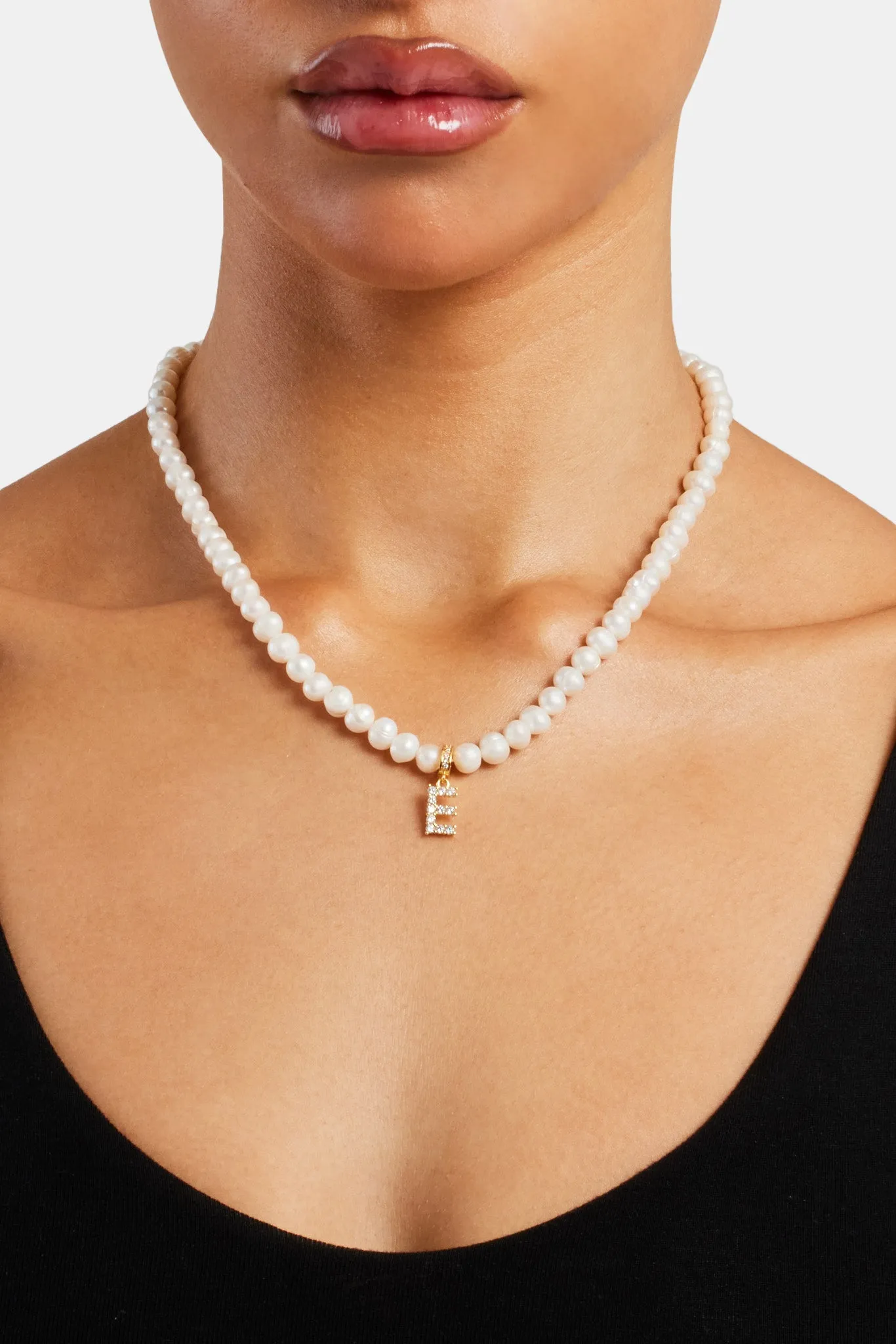 Iced Initial Clip On Pendant   6mm Pearl Chain
