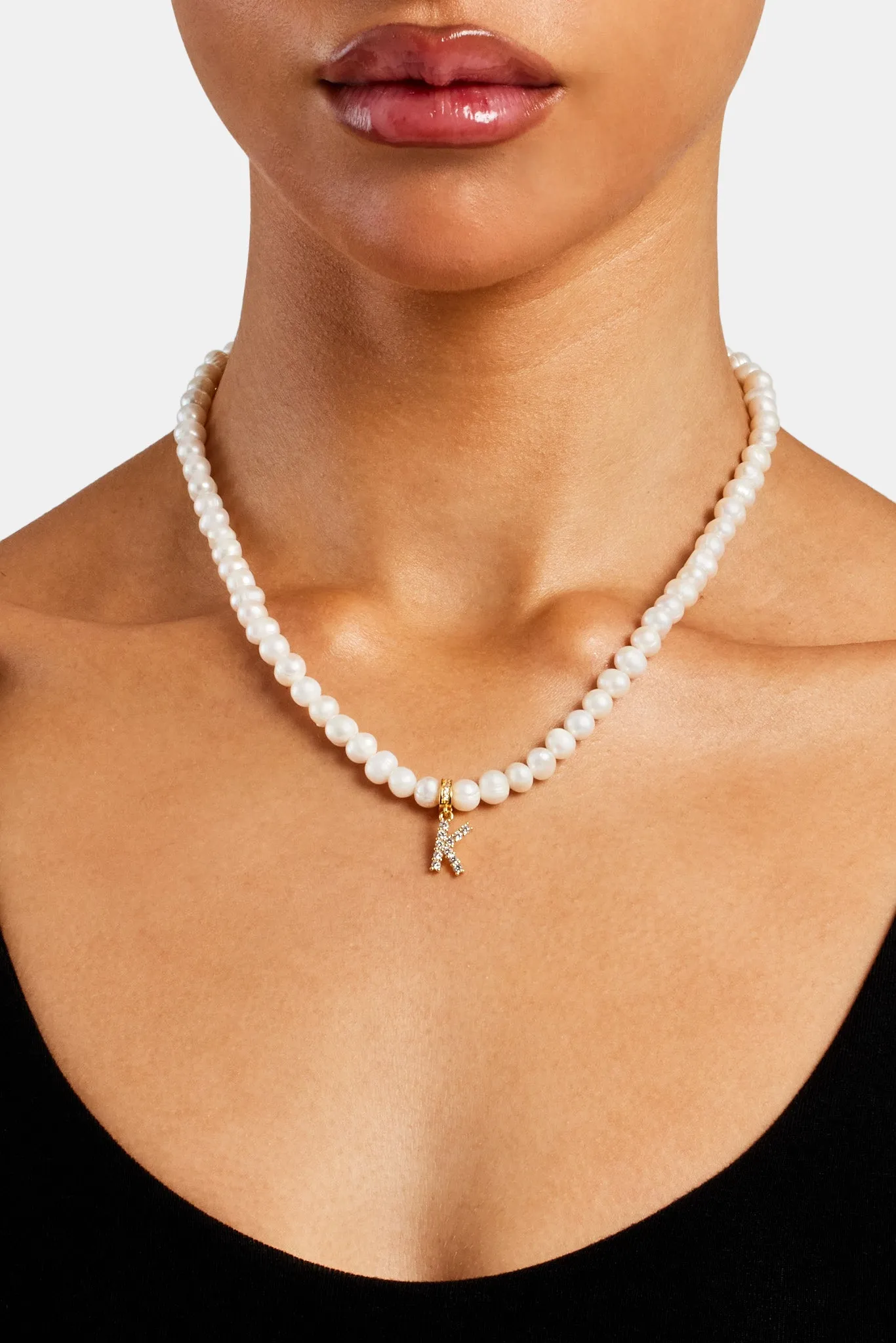 Iced Initial Clip On Pendant   6mm Pearl Chain