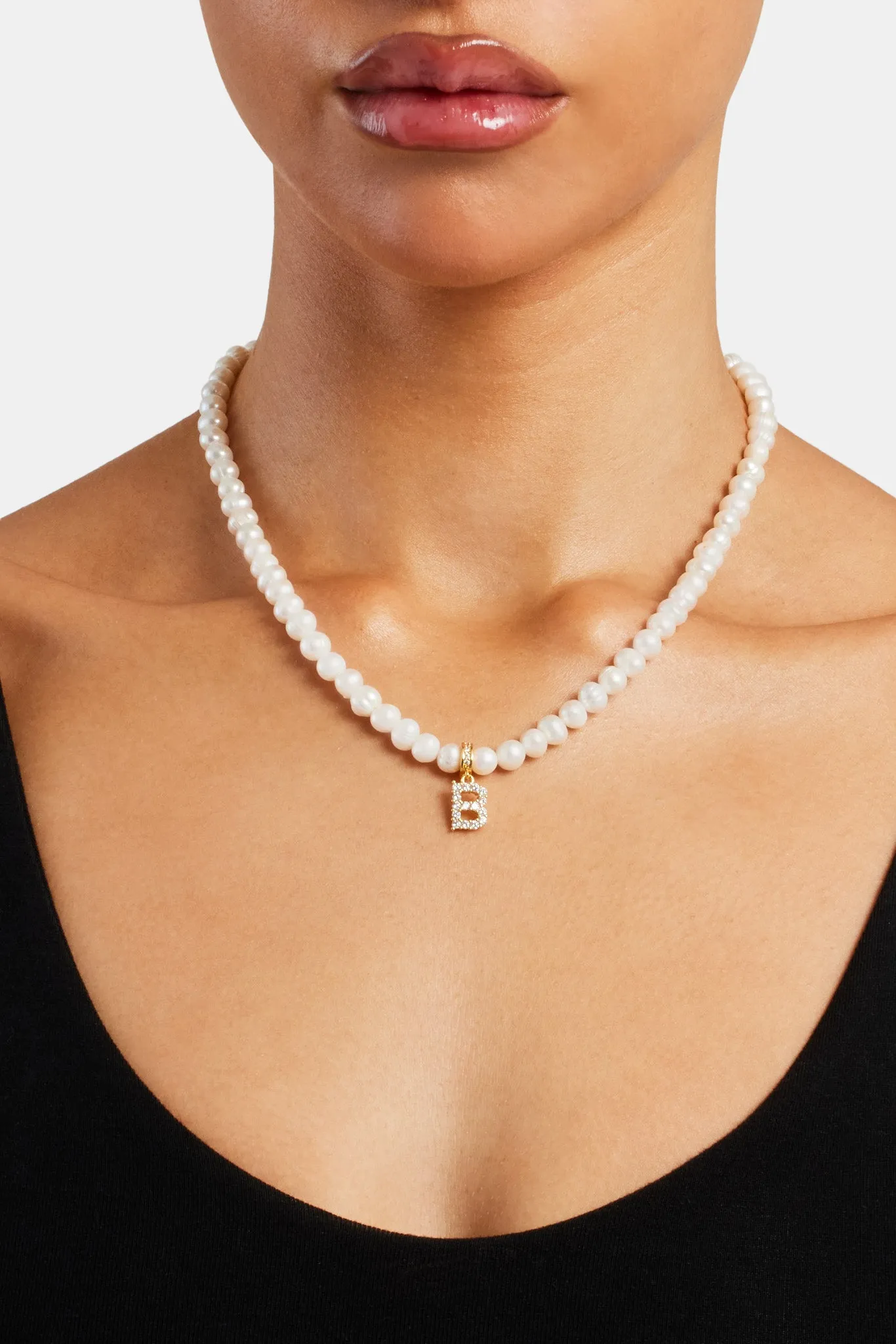 Iced Initial Clip On Pendant   6mm Pearl Chain