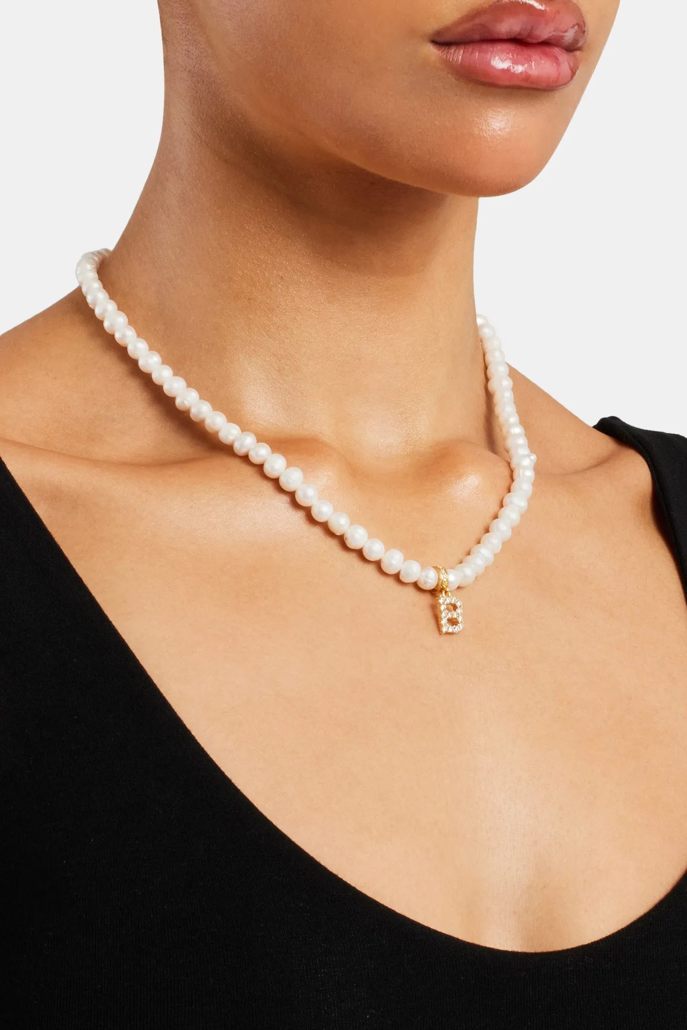 Iced Initial Clip On Pendant   6mm Pearl Chain