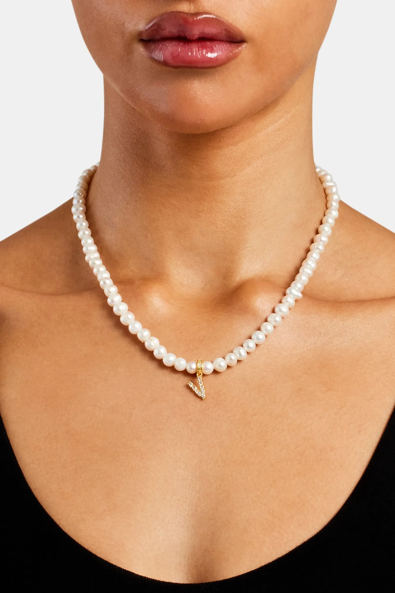 Iced Initial Clip On Pendant   6mm Pearl Chain