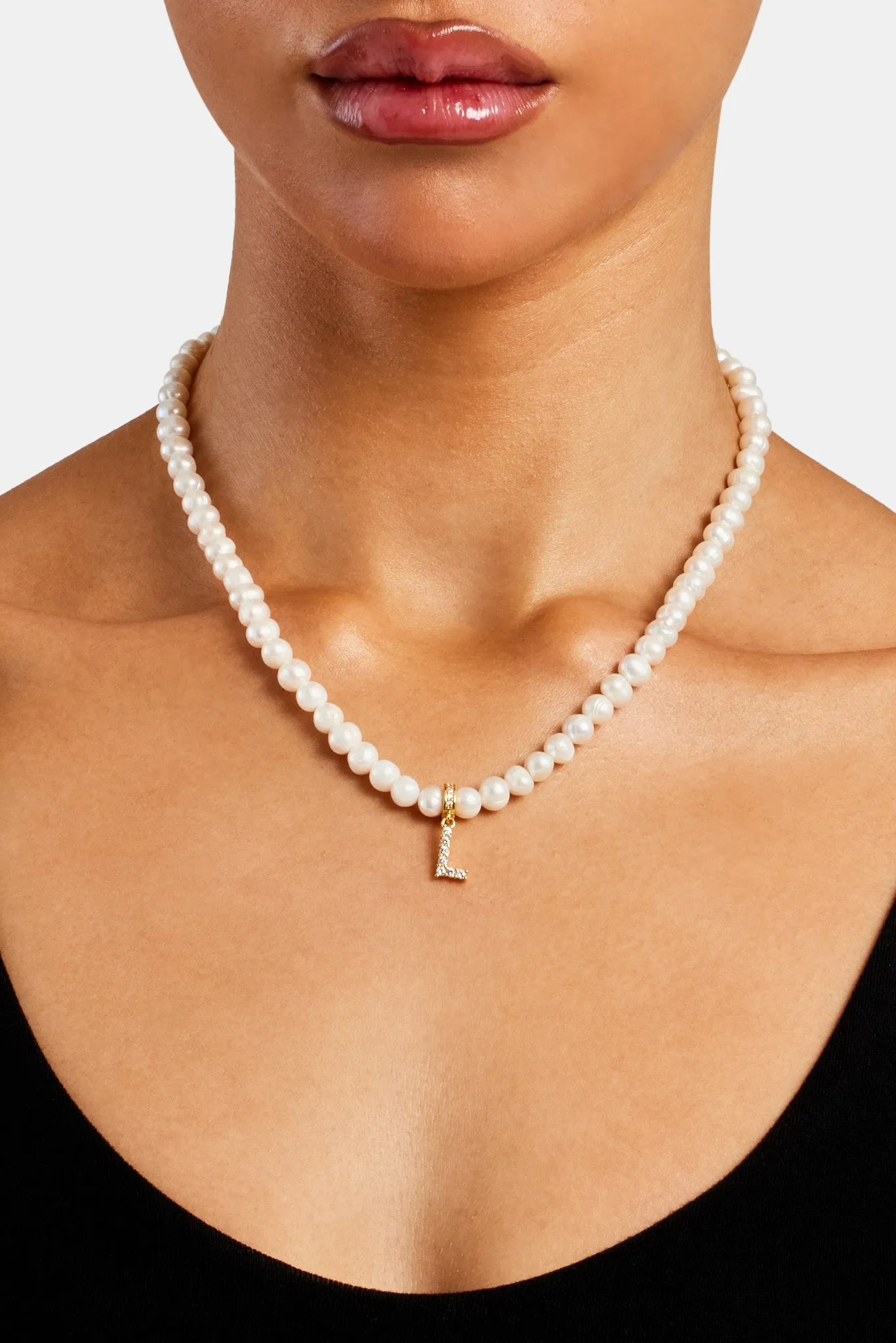 Iced Initial Clip On Pendant   6mm Pearl Chain