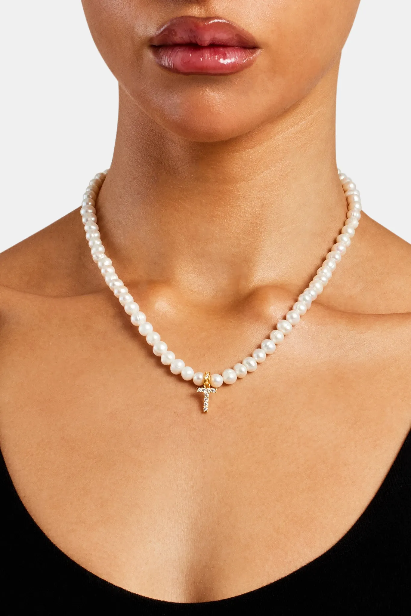 Iced Initial Clip On Pendant   6mm Pearl Chain