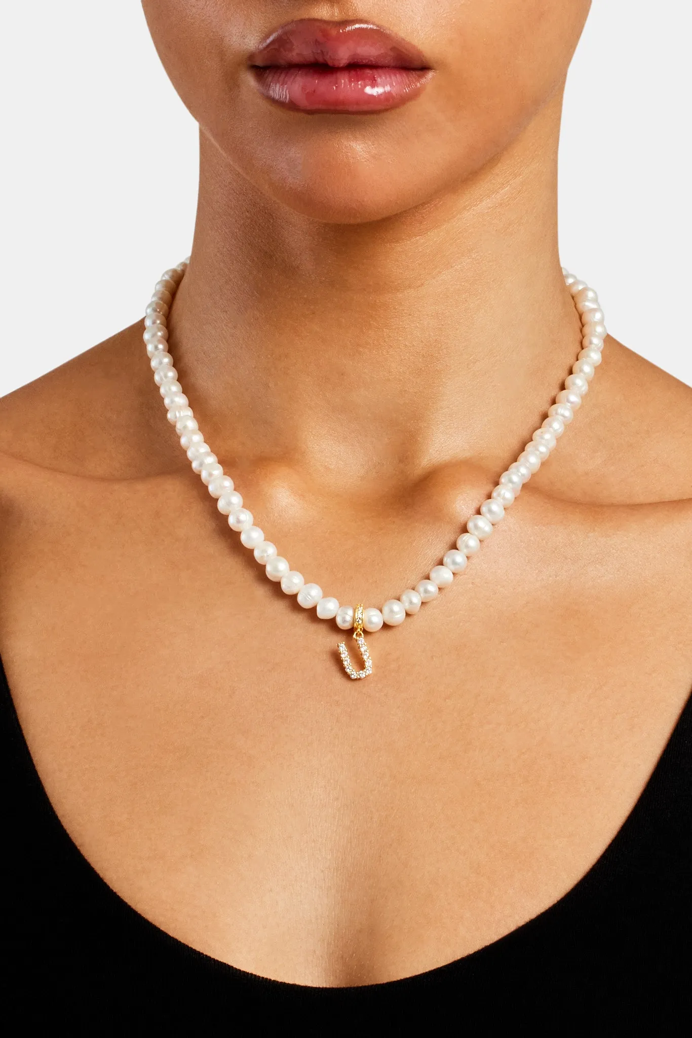 Iced Initial Clip On Pendant   6mm Pearl Chain