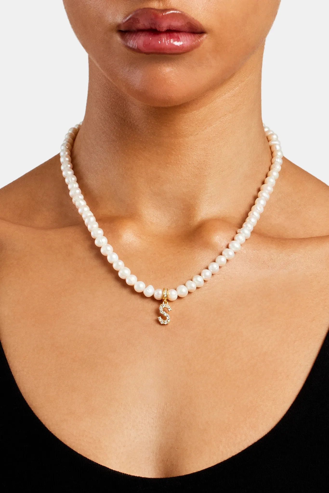 Iced Initial Clip On Pendant   6mm Pearl Chain