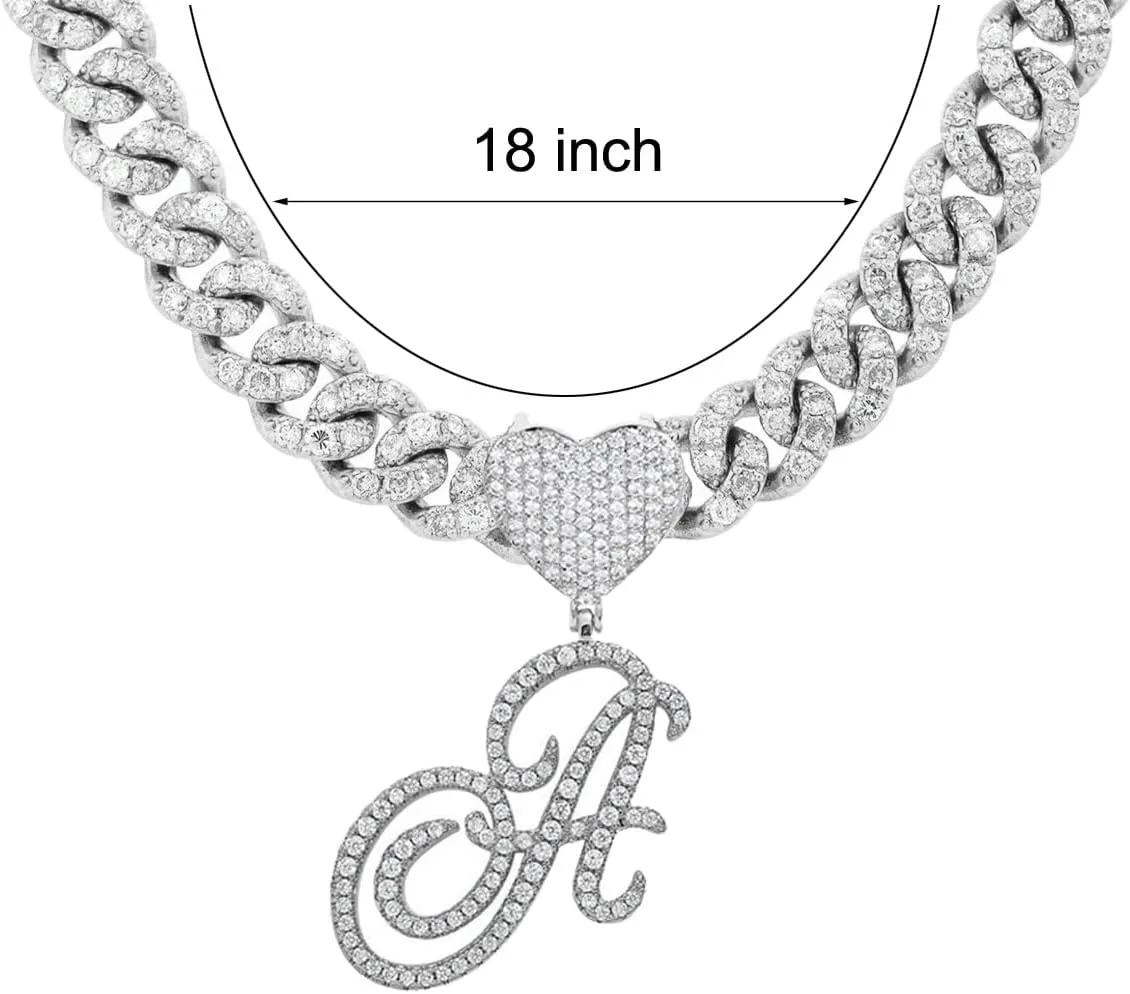 Initial Necklaces Silver Cuban Link Chain for Women Iced Out Chain with Heart Letter Pendants Custom Chain Name Necklace Hip Hop Jewelry Gift