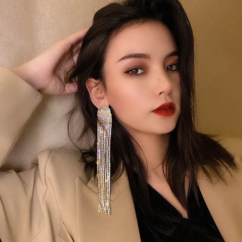 Long Tassel Full Rhinestone Drop Earrings