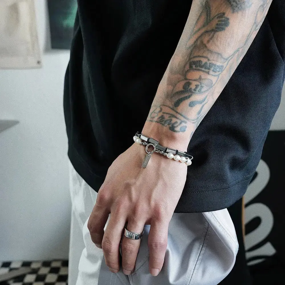 LOVCIA Luminary Square Pearl Bracelets for Men and Women - Unisex Contemporary Stacked Bracelets Design